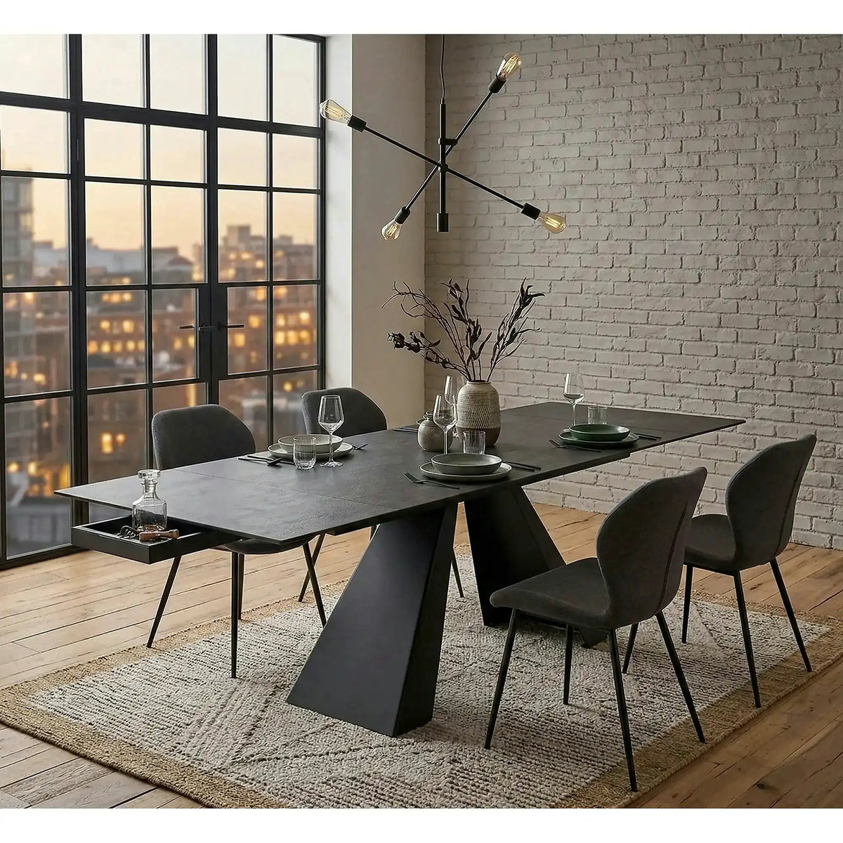 Masa extensibila SALVADORE CERAMIC, gri/negru mat, sticla securizata/ceramica, 180-260x90x76 cm