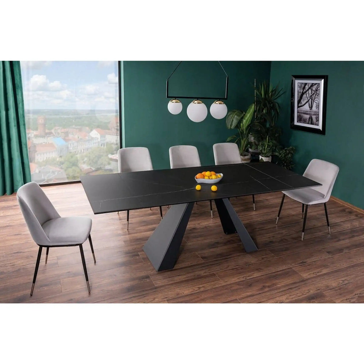 Masa extensibila SALVADORE CERAMIC, negru mat cu efect de marmura, sticla securizata/ceramica, 160/240x90x76 cm