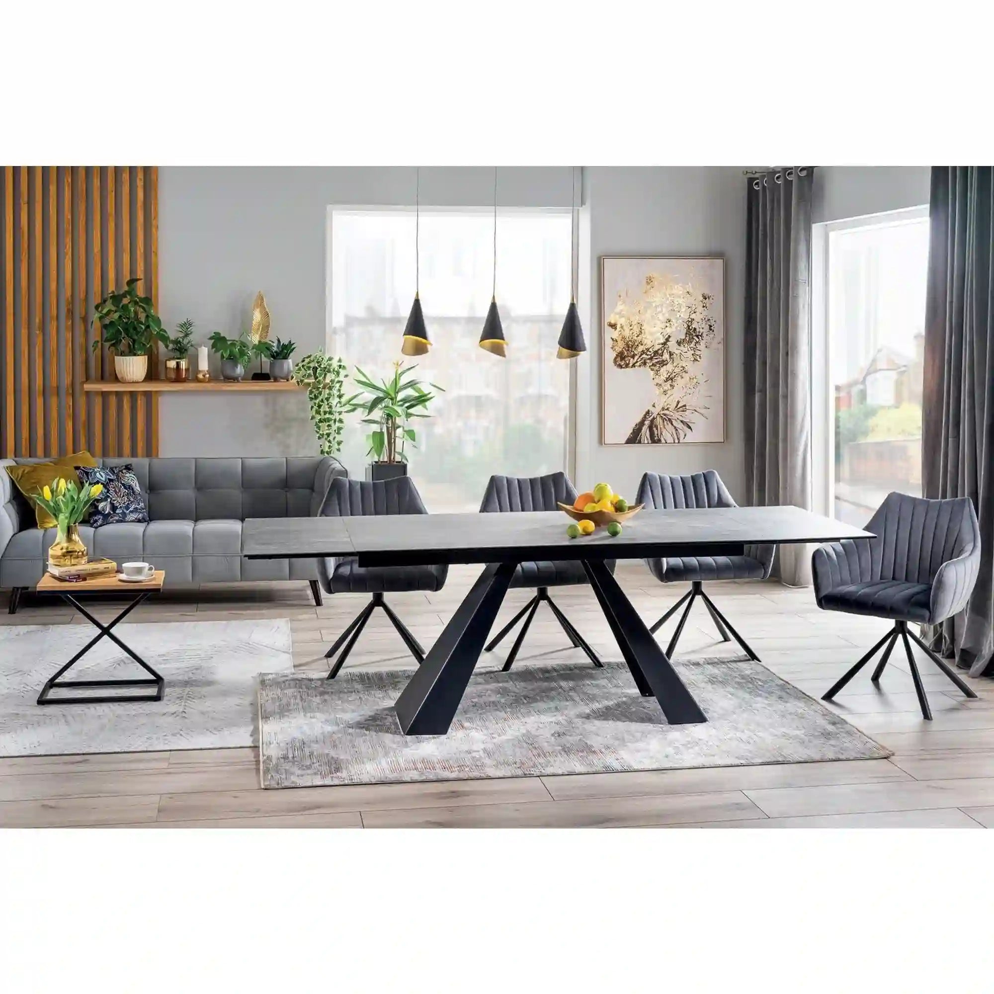 Masa extensibila SALVADORE, gri/negru, sticla securizata/ceramica/metal, 160/240x90x76 cm