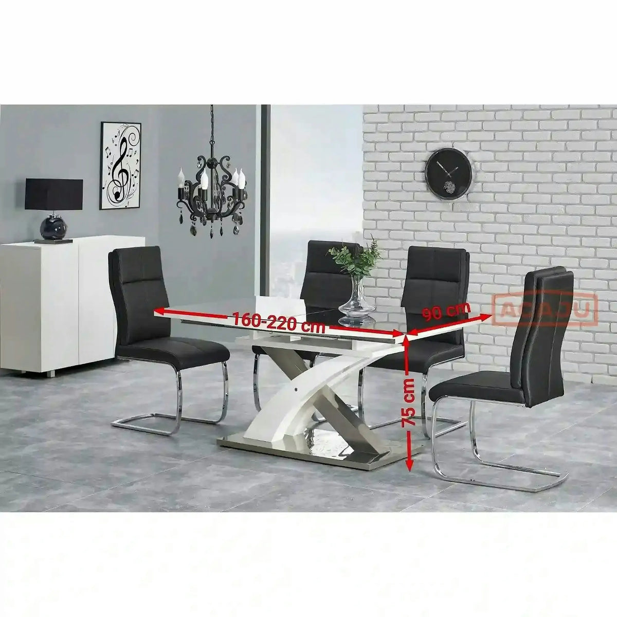 Masa extensibila SANDOR, negru/alb/crom, sticla securizata/otel, 160/220x90x78 cm