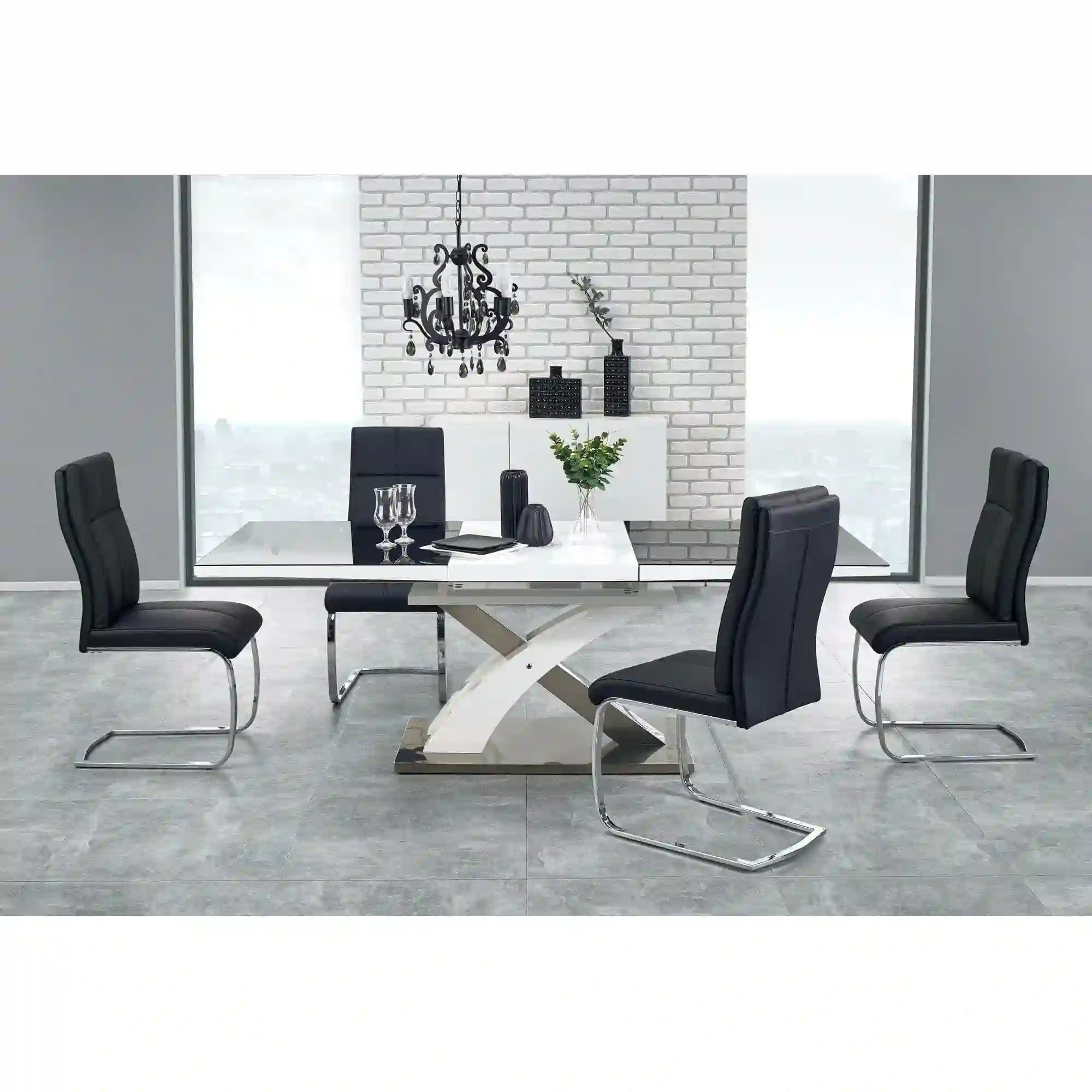 Masa extensibila SANDOR, negru/alb/crom, sticla securizata/otel, 160/220x90x78 cm
