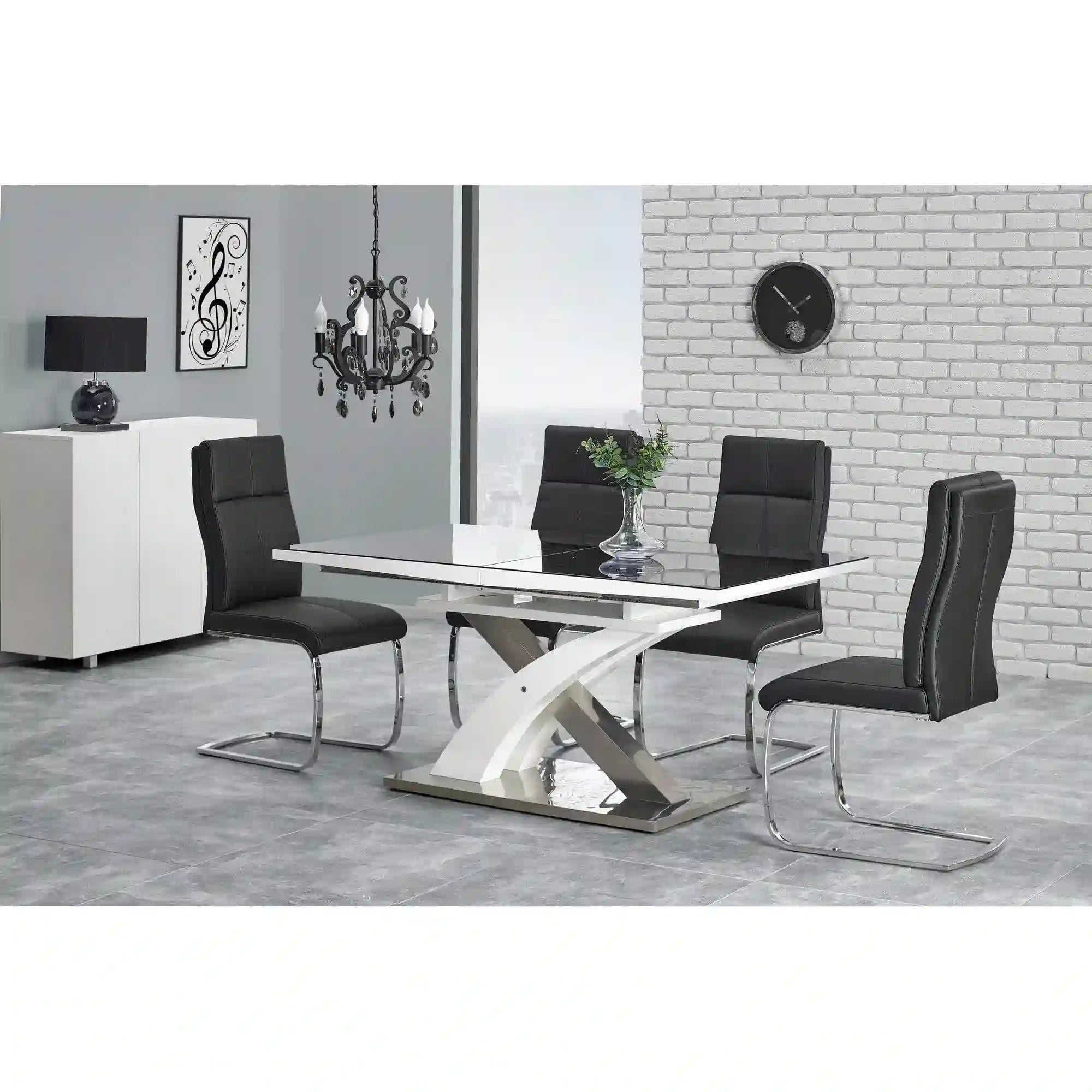 Masa extensibila SANDOR, negru/alb/crom, sticla securizata/otel, 160/220x90x78 cm