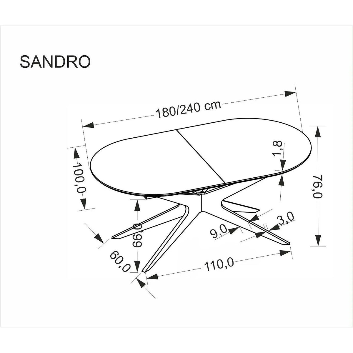 Masa extensibila SANDRO, negru, 180/240x100x76 cm