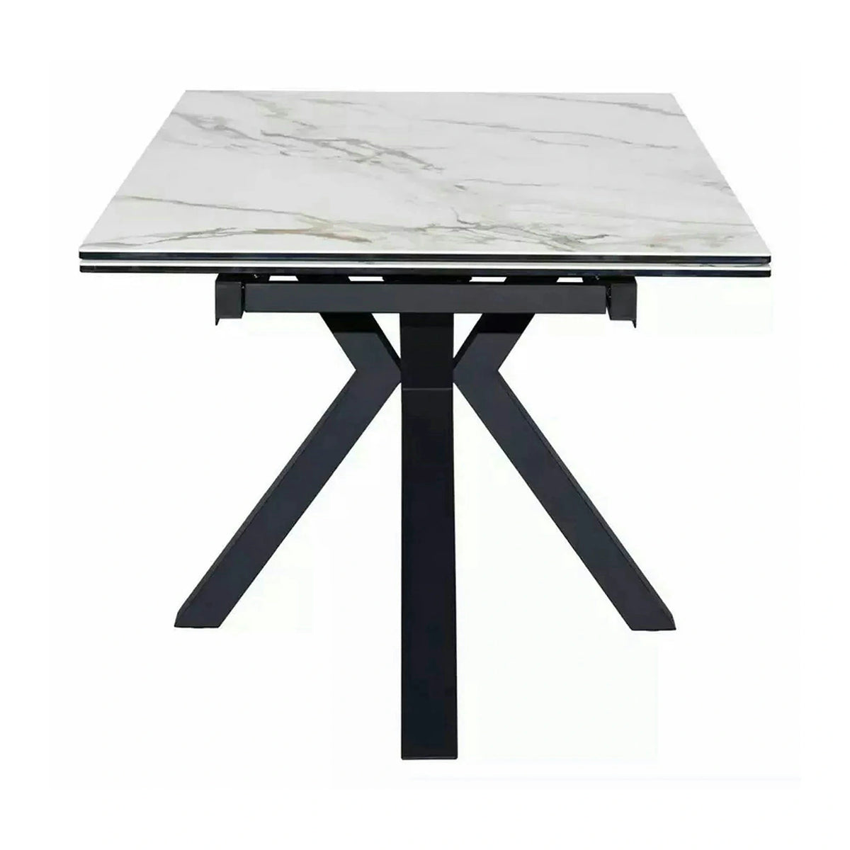 Masa extensibila sticla securizata COLUMBUS, alb cu efect de marmura/negru, sticla/ceramica/metal, 160/240x90x76 cm