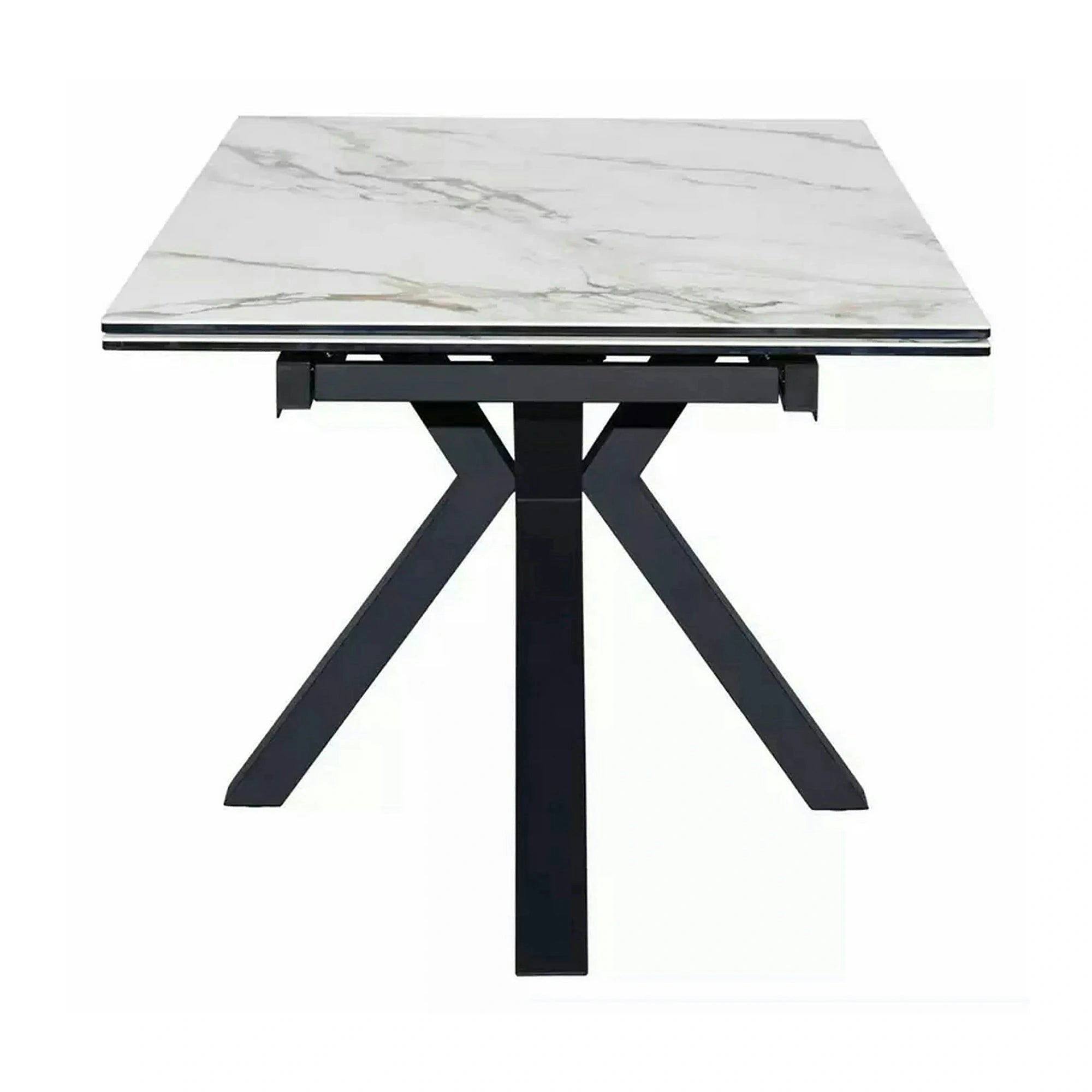 Masa extensibila sticla securizata COLUMBUS, alb cu efect de marmura/negru, sticla/ceramica/metal, 160/240x90x76 cm
