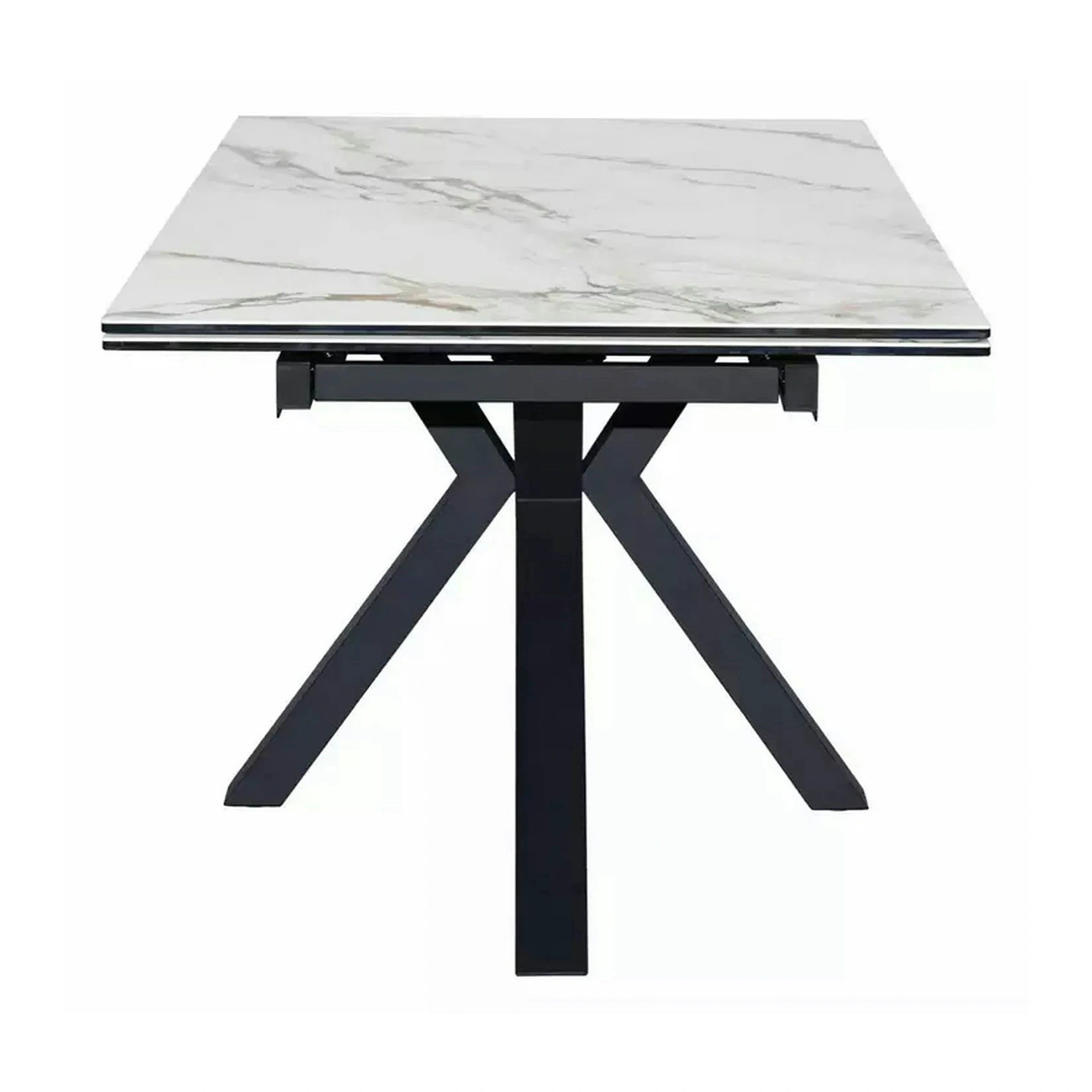 Masa extensibila sticla securizata COLUMBUS, alb cu efect de marmura/negru, sticla/ceramica/metal, 160/240x90x76 cm