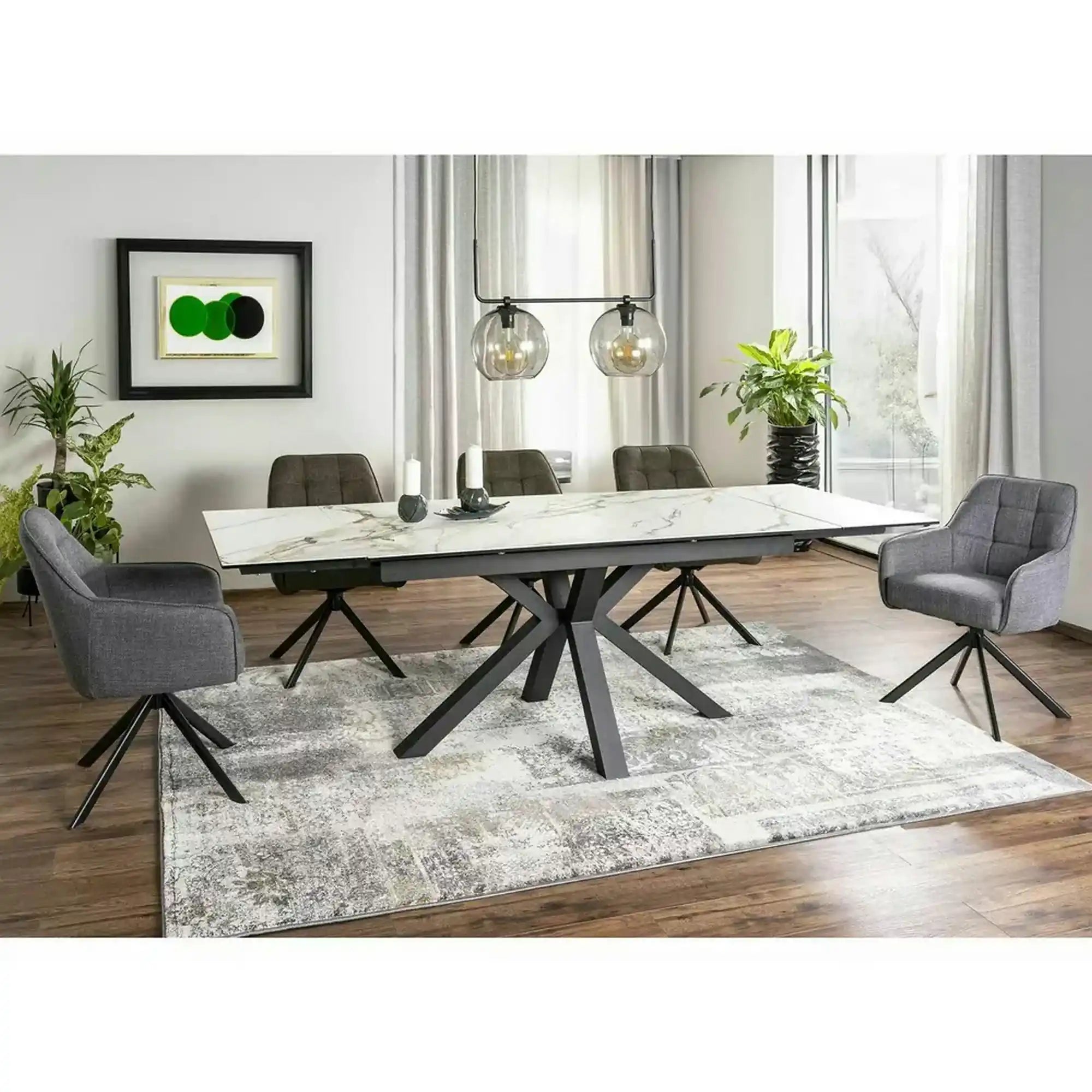 Masa extensibila sticla securizata COLUMBUS, alb cu efect de marmura/negru, sticla/ceramica/metal, 160/240x90x76 cm