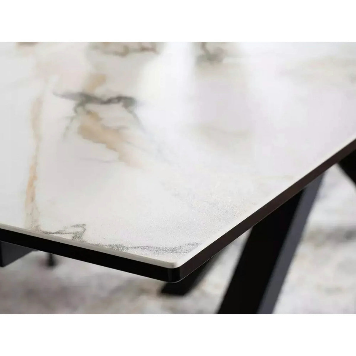 Masa extensibila sticla securizata COLUMBUS, alb cu efect de marmura/negru, sticla/ceramica/metal, 160/240x90x76 cm