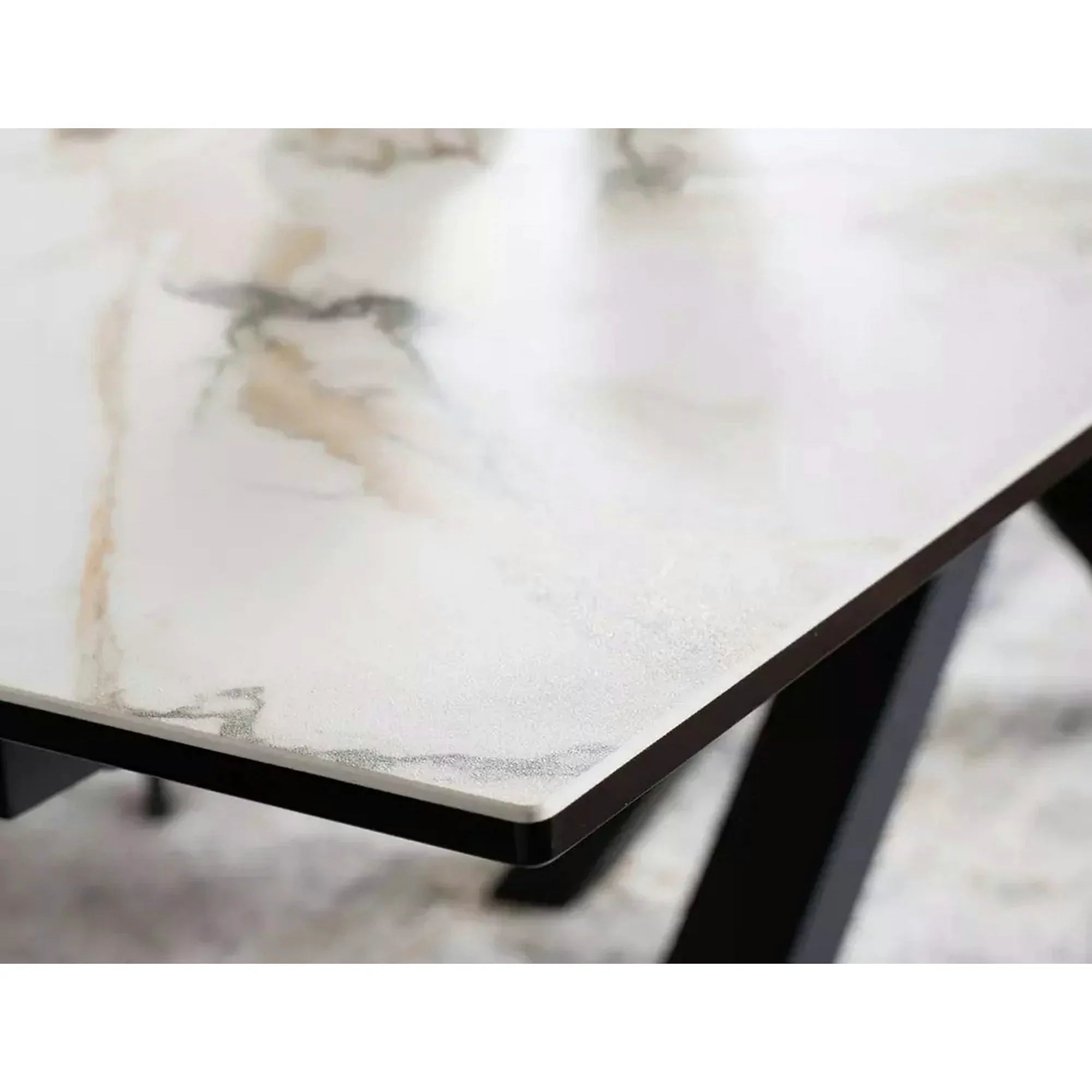 Masa extensibila sticla securizata COLUMBUS, alb cu efect de marmura/negru, sticla/ceramica/metal, 160/240x90x76 cm