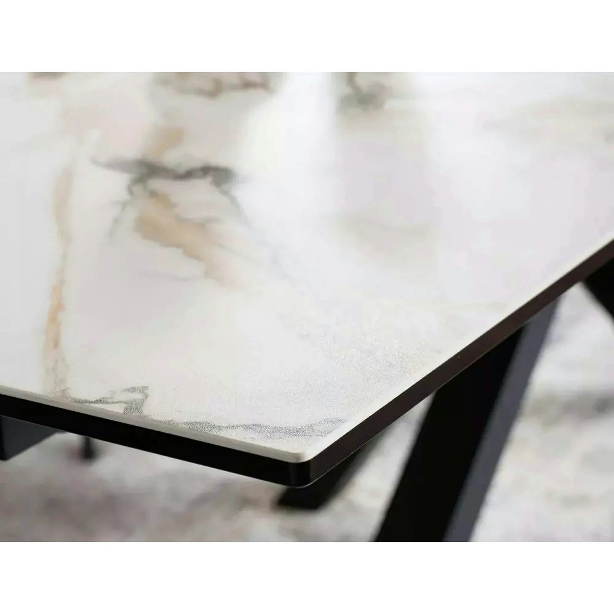 Masa extensibila sticla securizata COLUMBUS, alb cu efect de marmura/negru, sticla/ceramica/metal, 160/240x90x76 cm