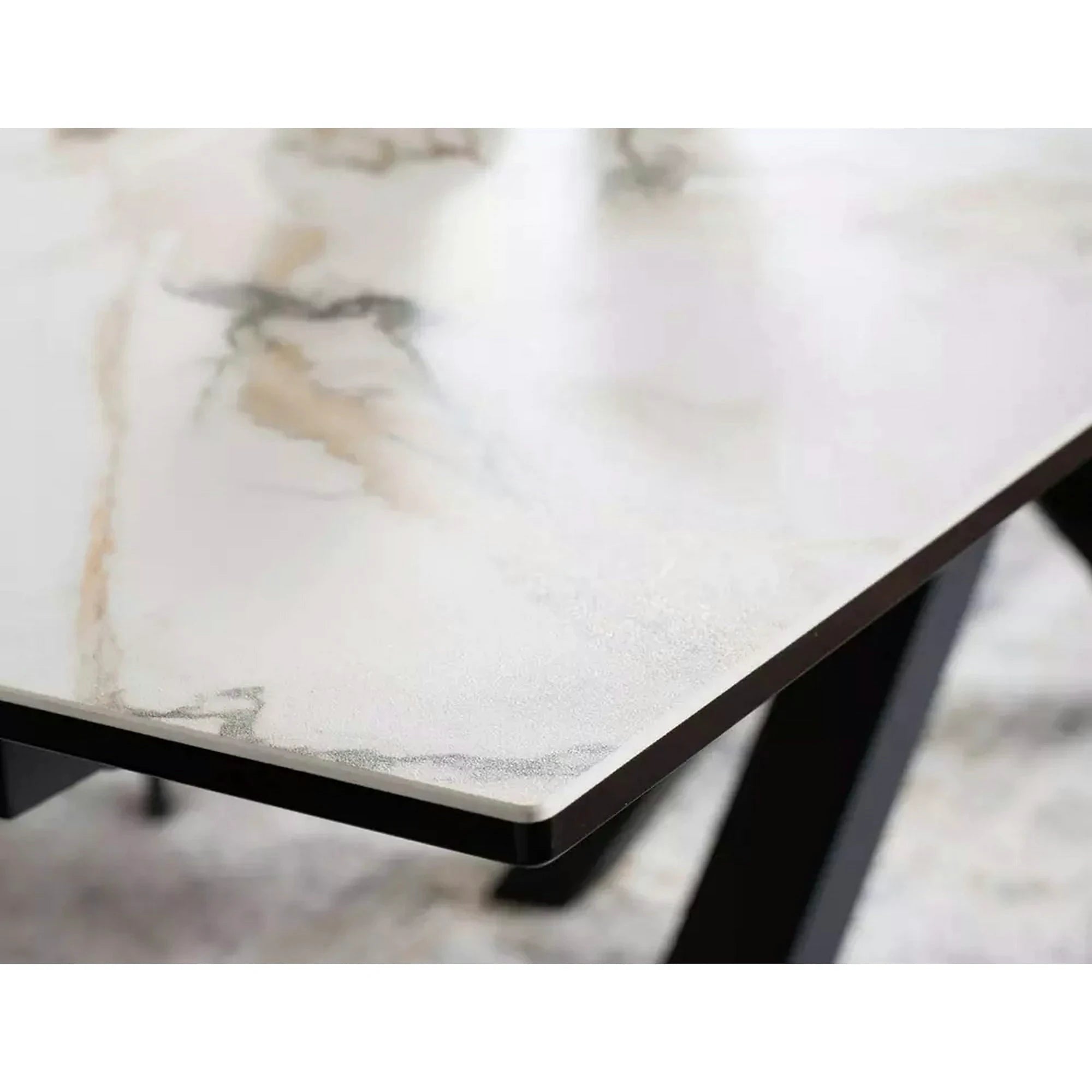 Masa extensibila sticla securizata COLUMBUS, alb cu efect de marmura/negru, sticla/ceramica/metal, 160/240x90x76 cm