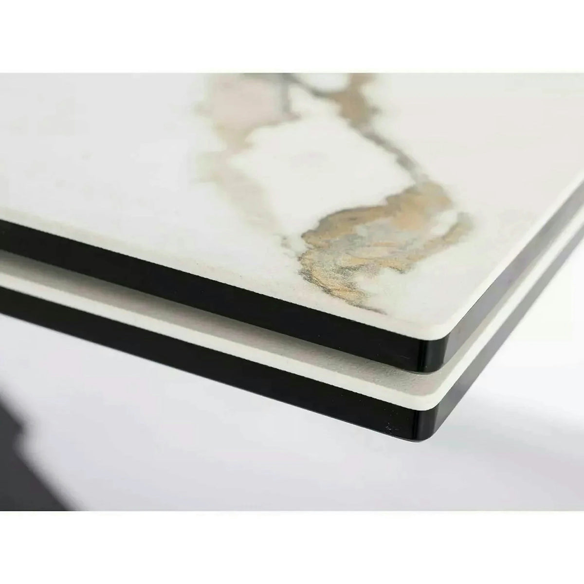 Masa extensibila sticla securizata COLUMBUS, alb cu efect de marmura/negru, sticla/ceramica/metal, 160/240x90x76 cm