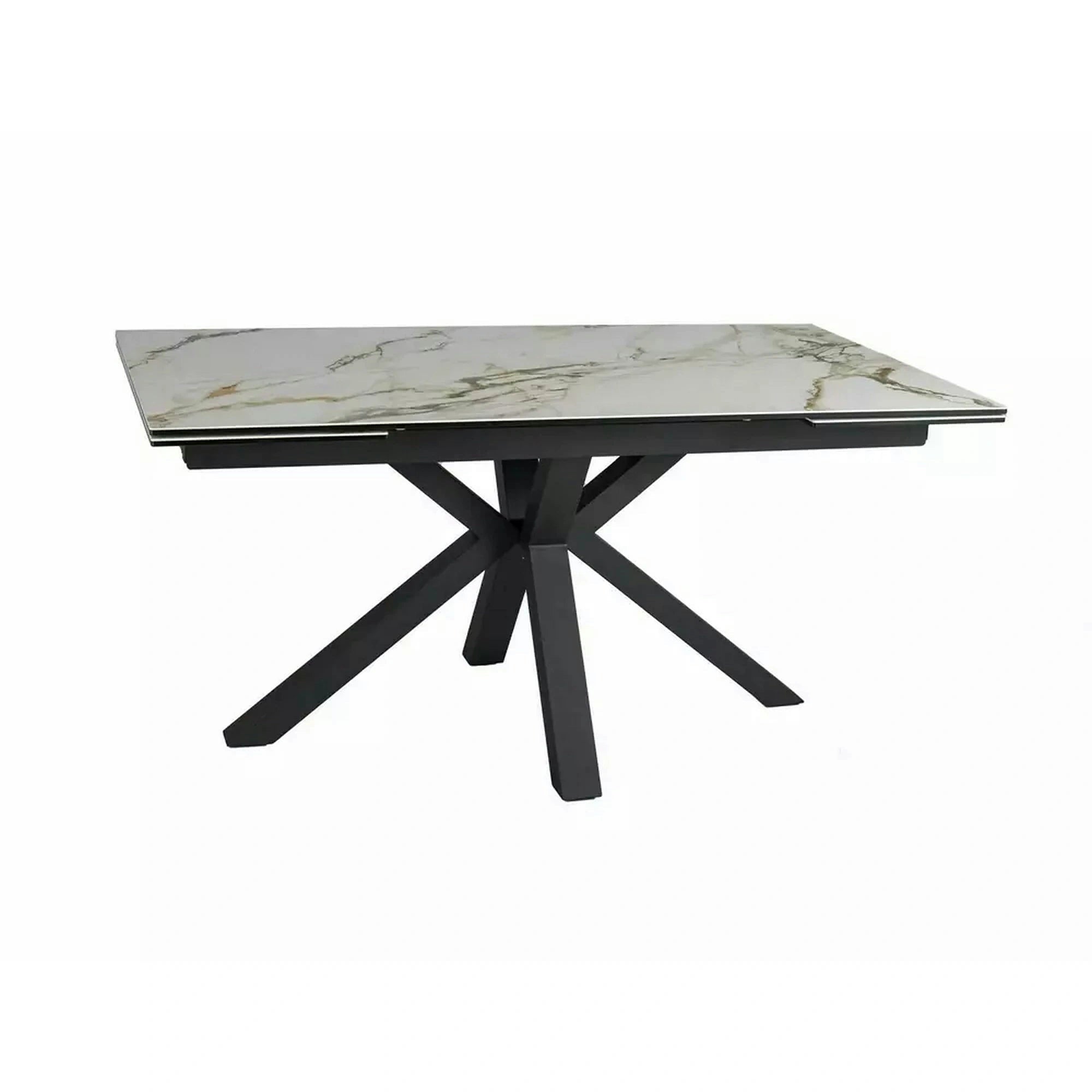 Masa extensibila sticla securizata COLUMBUS, alb cu efect de marmura/negru, sticla/ceramica/metal, 160/240x90x76 cm