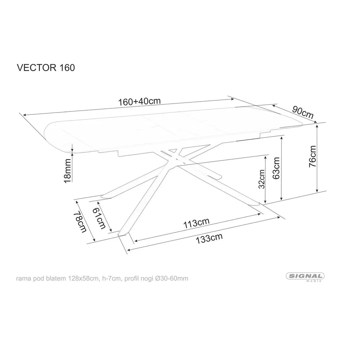 Masa extensibila VECTOR, negru mat cu efect de marmura, ceramica/metal, 160/200x90x76 cm