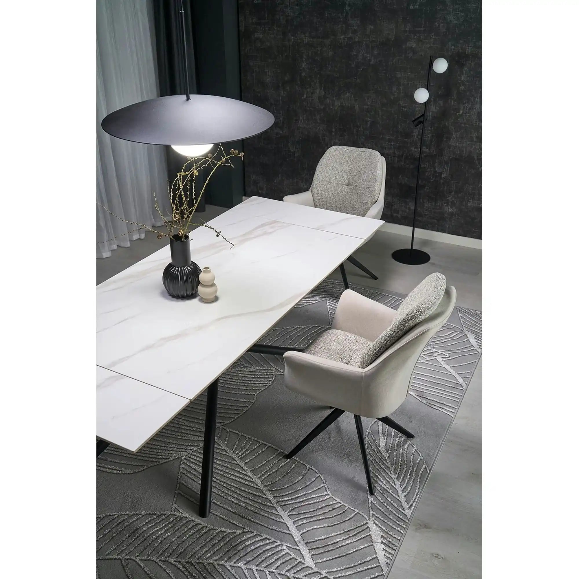 Masa extensibila VITORINO, alb cu efect de marmura/negru, piatra sinterizata/otel, 160/220x90x75 cm