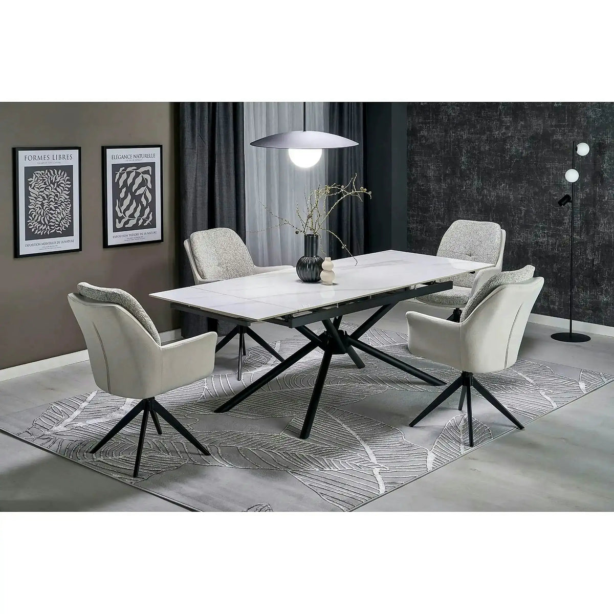 Masa extensibila VITORINO, alb cu efect de marmura/negru, piatra sinterizata/otel, 160/220x90x75 cm