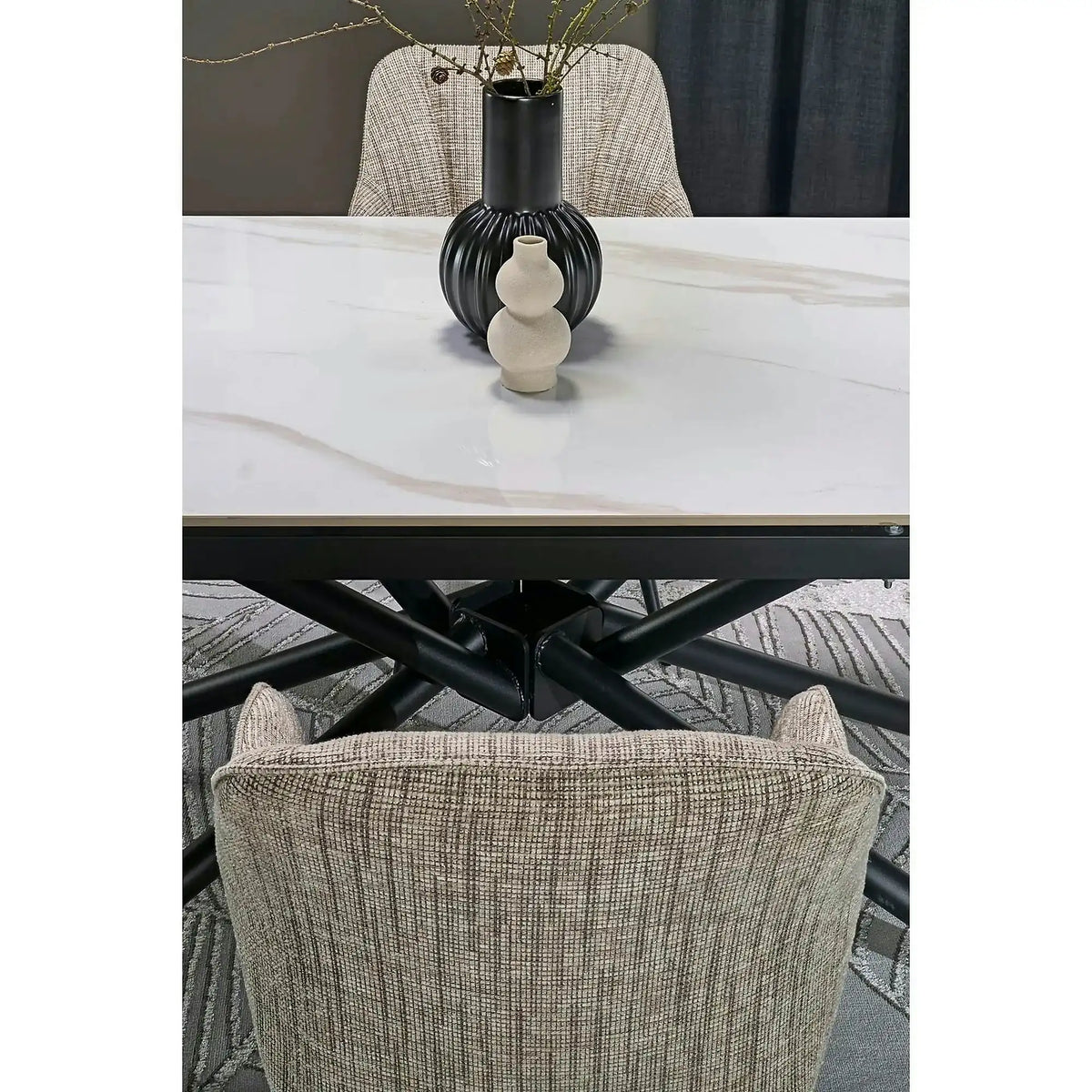 Masa extensibila VITORINO, alb cu efect de marmura/negru, piatra sinterizata/otel, 160/220x90x75 cm