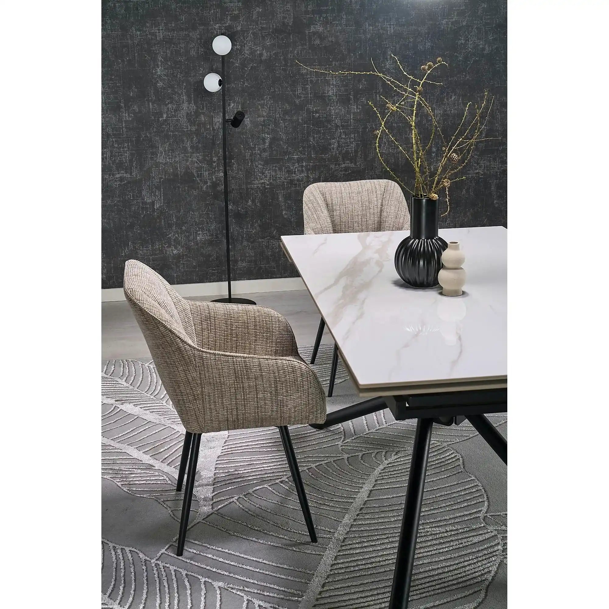 Masa extensibila VITORINO, alb cu efect de marmura/negru, piatra sinterizata/otel, 160/220x90x75 cm