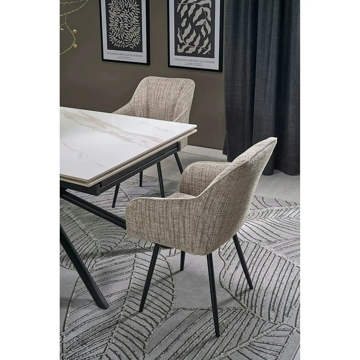 Masa extensibila VITORINO, alb cu efect de marmura/negru, piatra sinterizata/otel, 160/220x90x75 cm