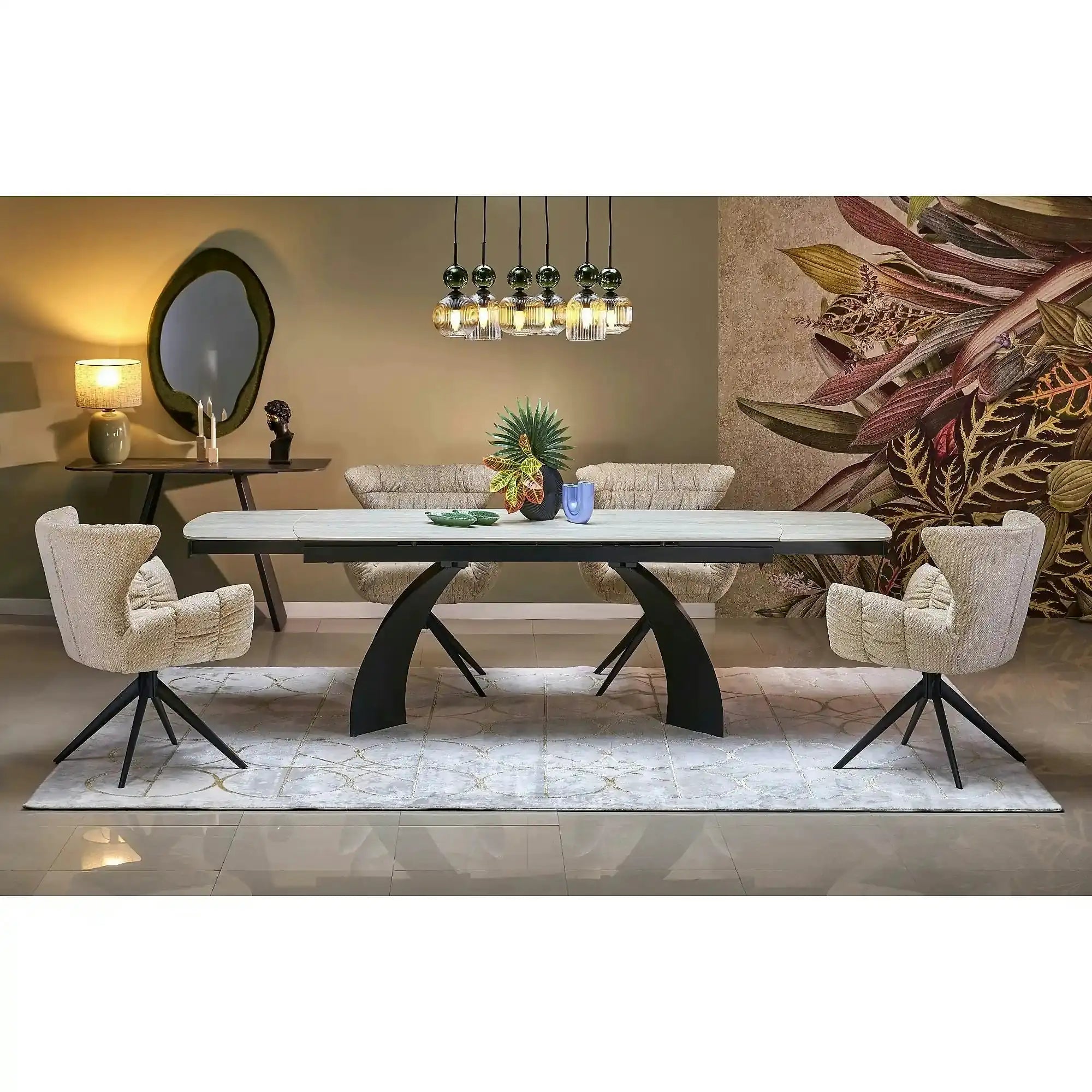 Masa extensibila VITRUS, travertin/negru, piatra sinterizata/metal, 180/260x90x76 cm
