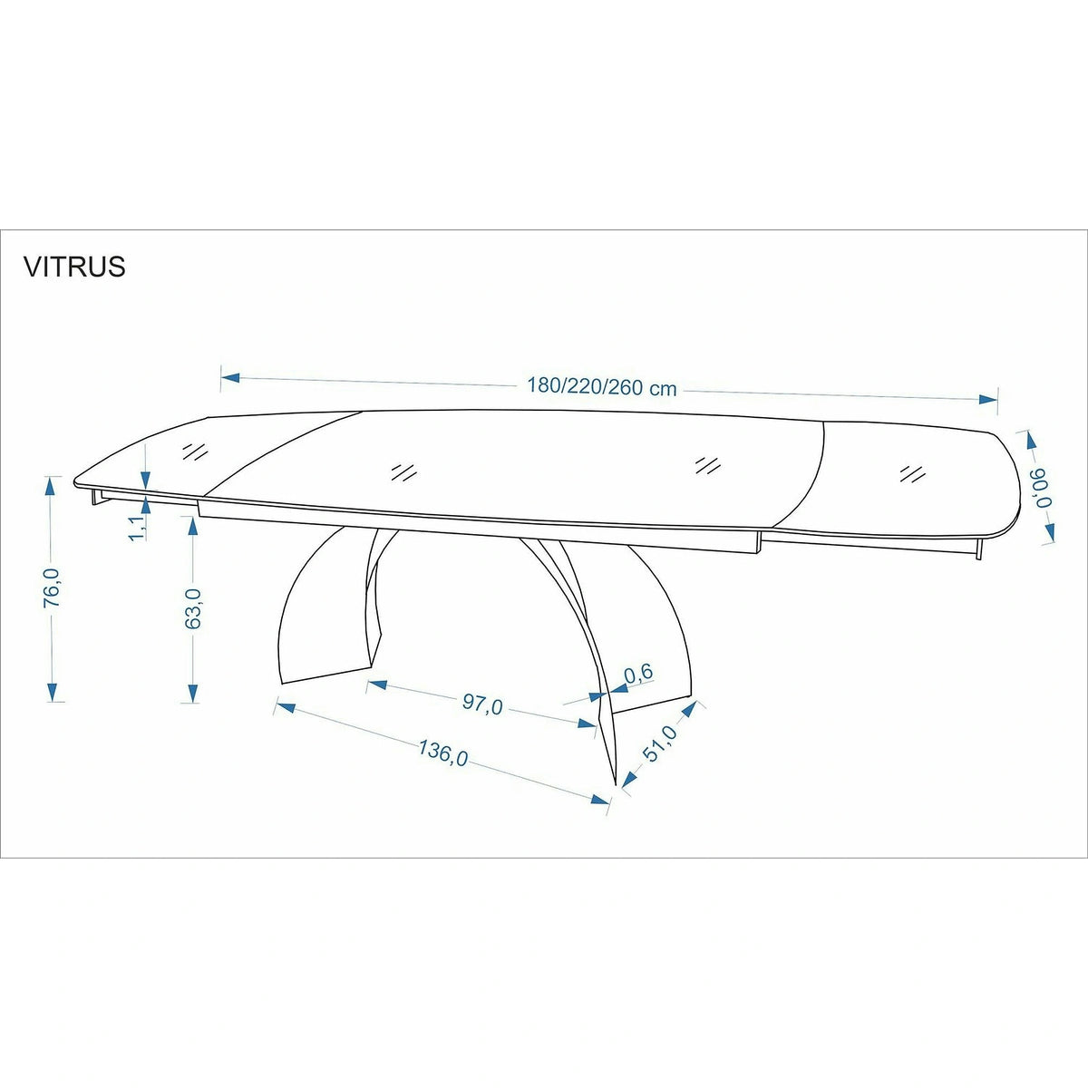 Masa extensibila VITRUS, travertin/negru, piatra sinterizata/metal, 180/260x90x76 cm
