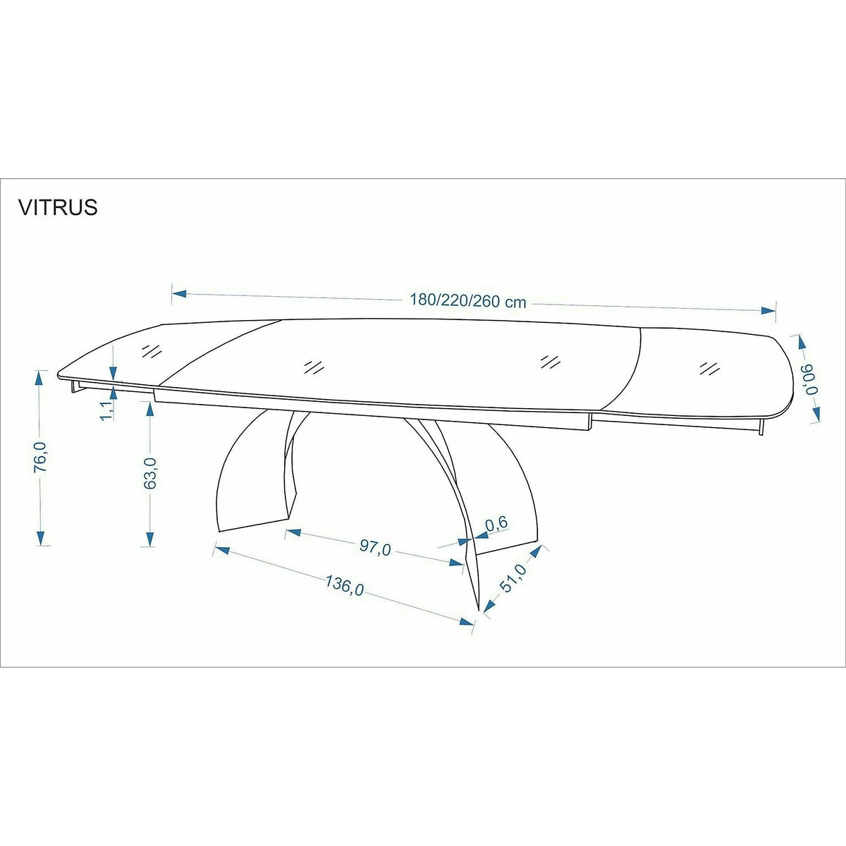Masa extensibila VITRUS, travertin/negru, piatra sinterizata/metal, 180/260x90x76 cm
