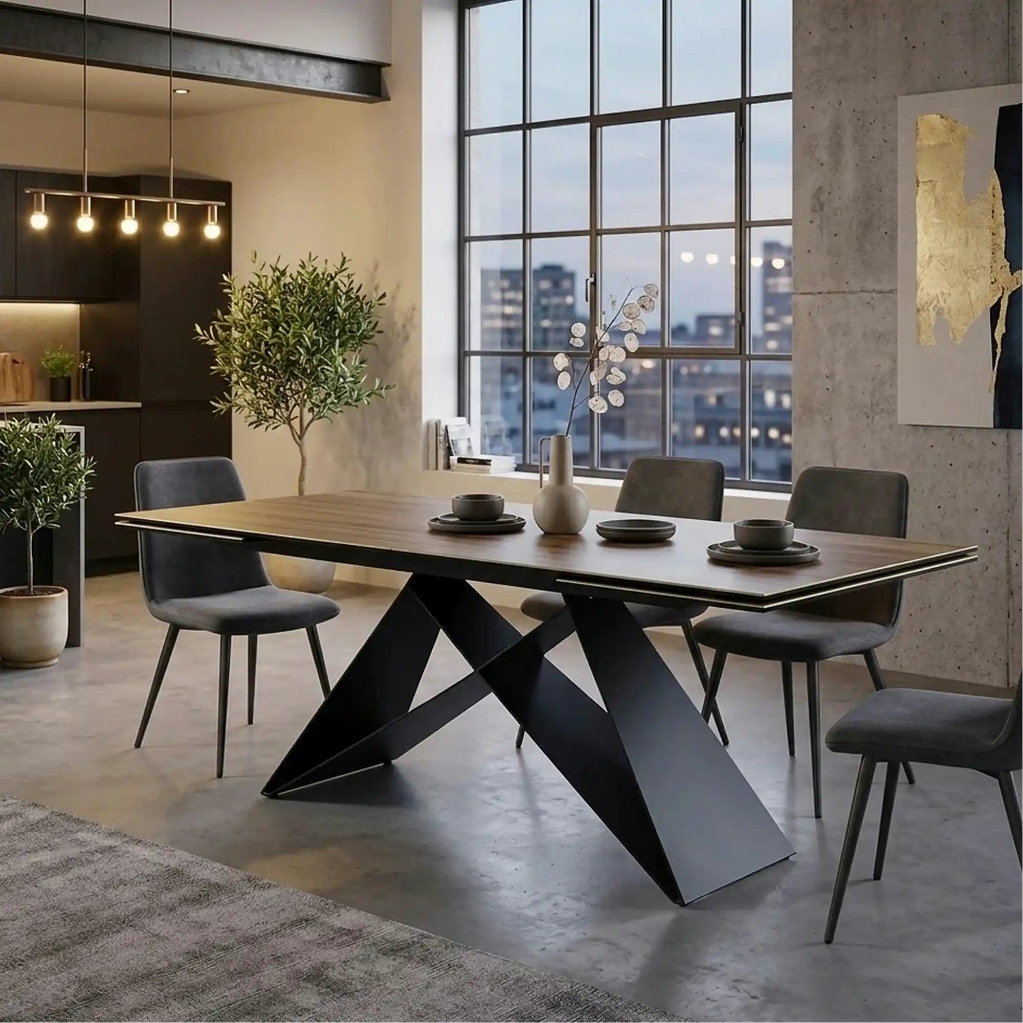 Masa extensibila WESTIN, maro deschis/negru, sticla/ceramica/metal, 160/240x90x77 cm