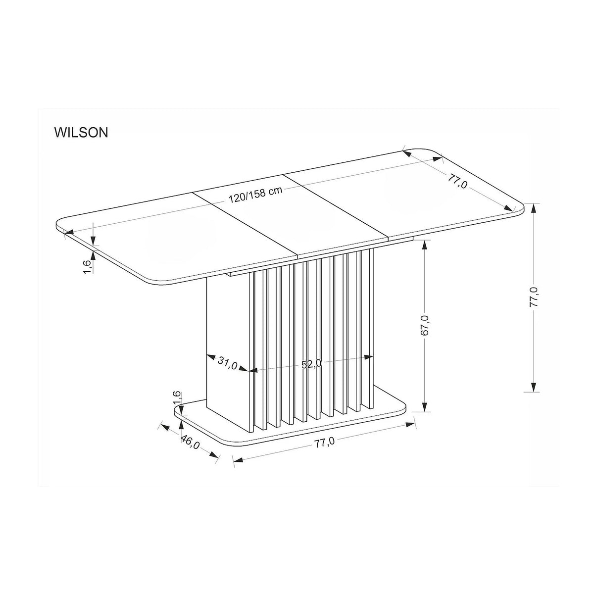 Masa extensibila WILSON, stejar artisan/negru, PAL laminat, 120/158x77x77 cm