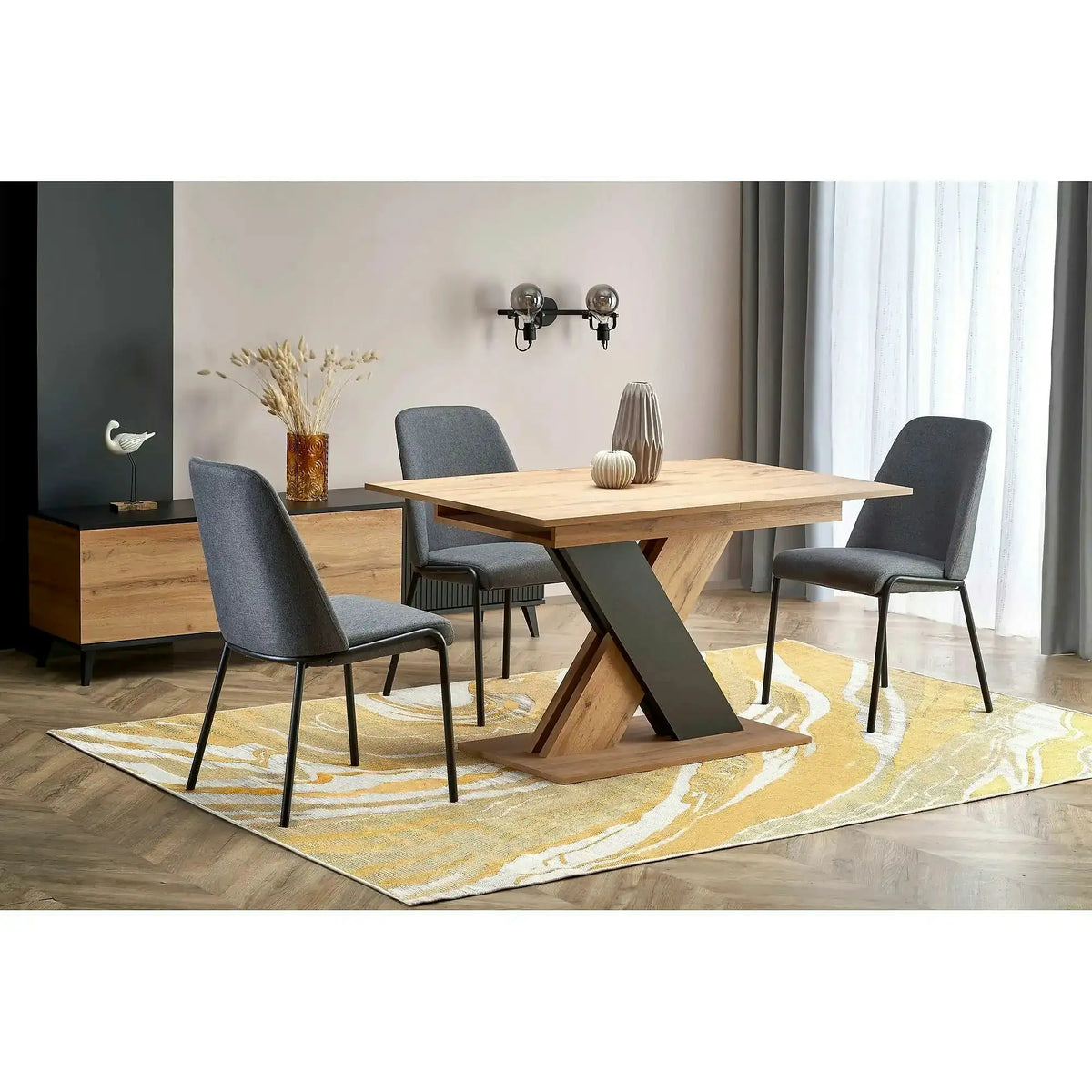 Masa extensibila XARELTO, stejar/negru, PAL furniruit, 130/175x85x76 cm