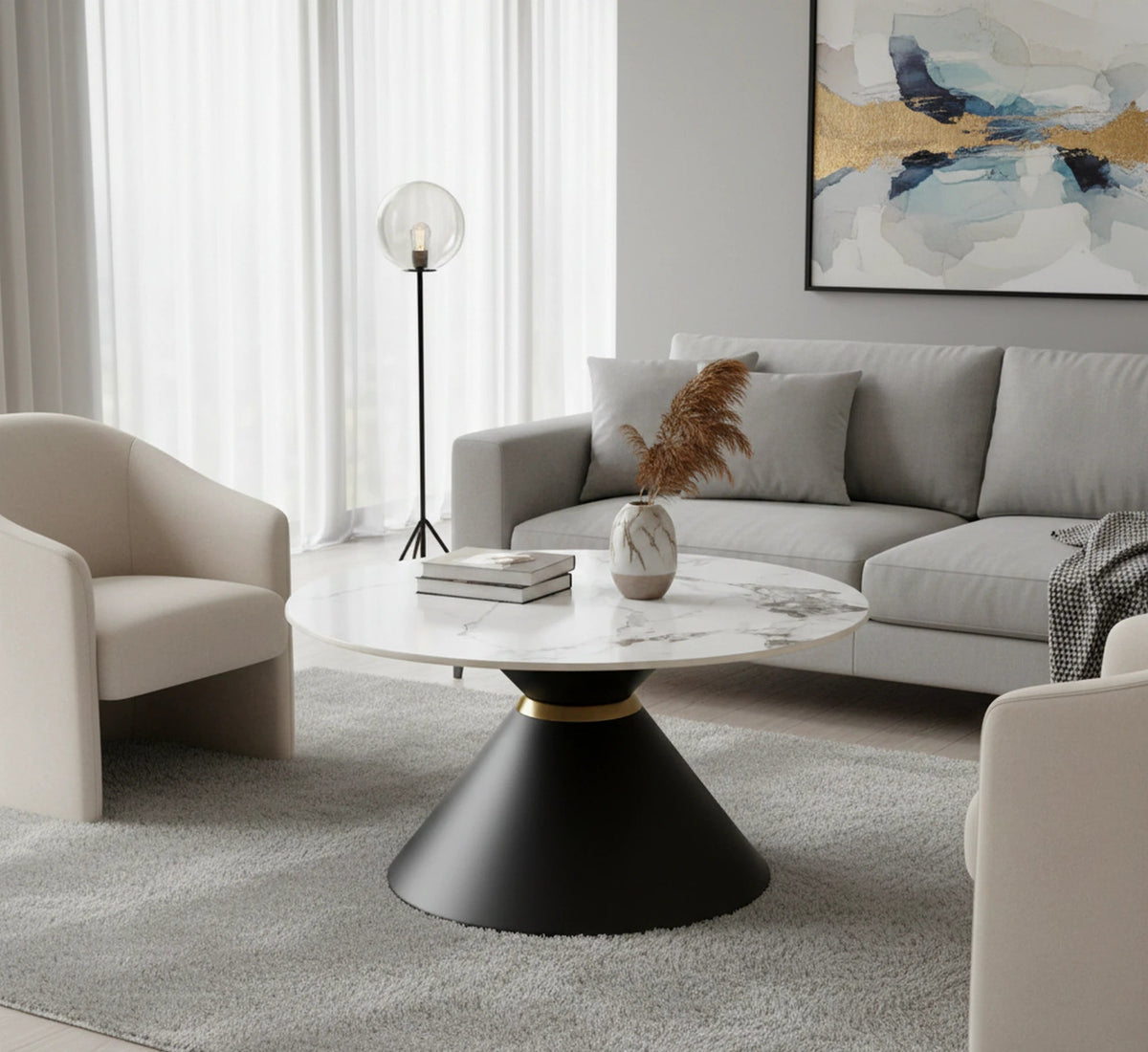 Masuta cafea blat marmura GORETTI, alb/negru/auriu, otel, 80x80x42 cm