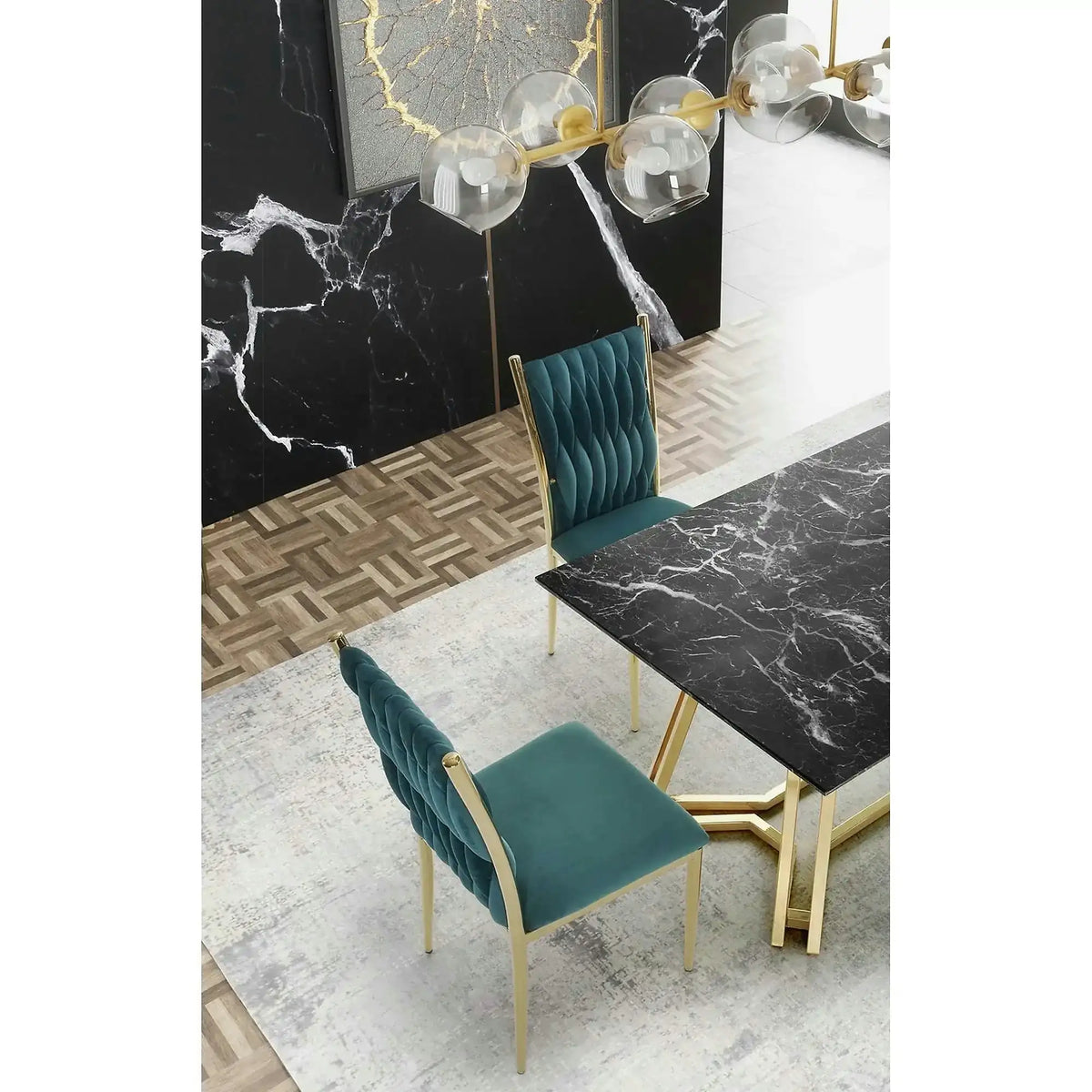 Masa Konami, negru cu efect de marmura/auriu, sticla securizata/otel, 160x90x75 cm