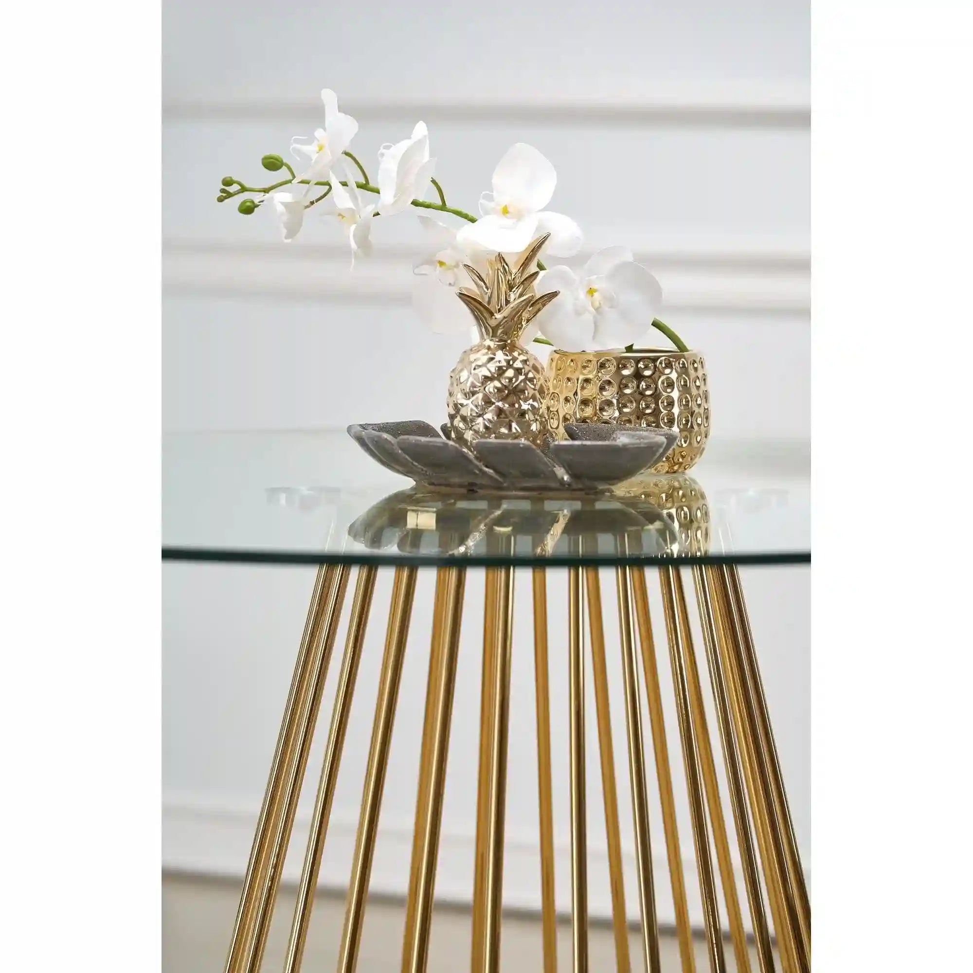 Masa LIVERPOOL, transparent/auriu, sticla/metal, 120x120x75 cm