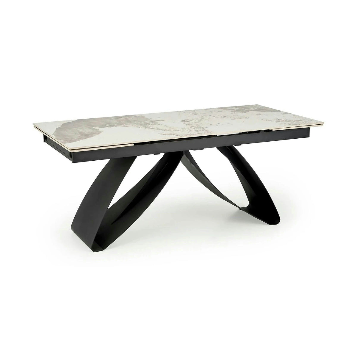 Masa living 10 persoane HILARIO, bej/negru, piatra sinterizata/metal, 180/260x90x75 cm