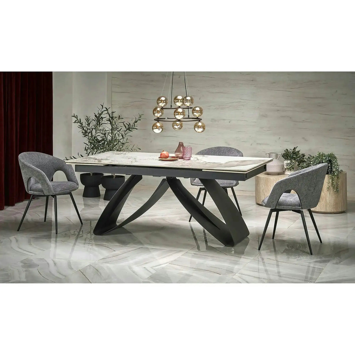 Masa living 10 persoane HILARIO, bej/negru, piatra sinterizata/metal, 180/260x90x75 cm