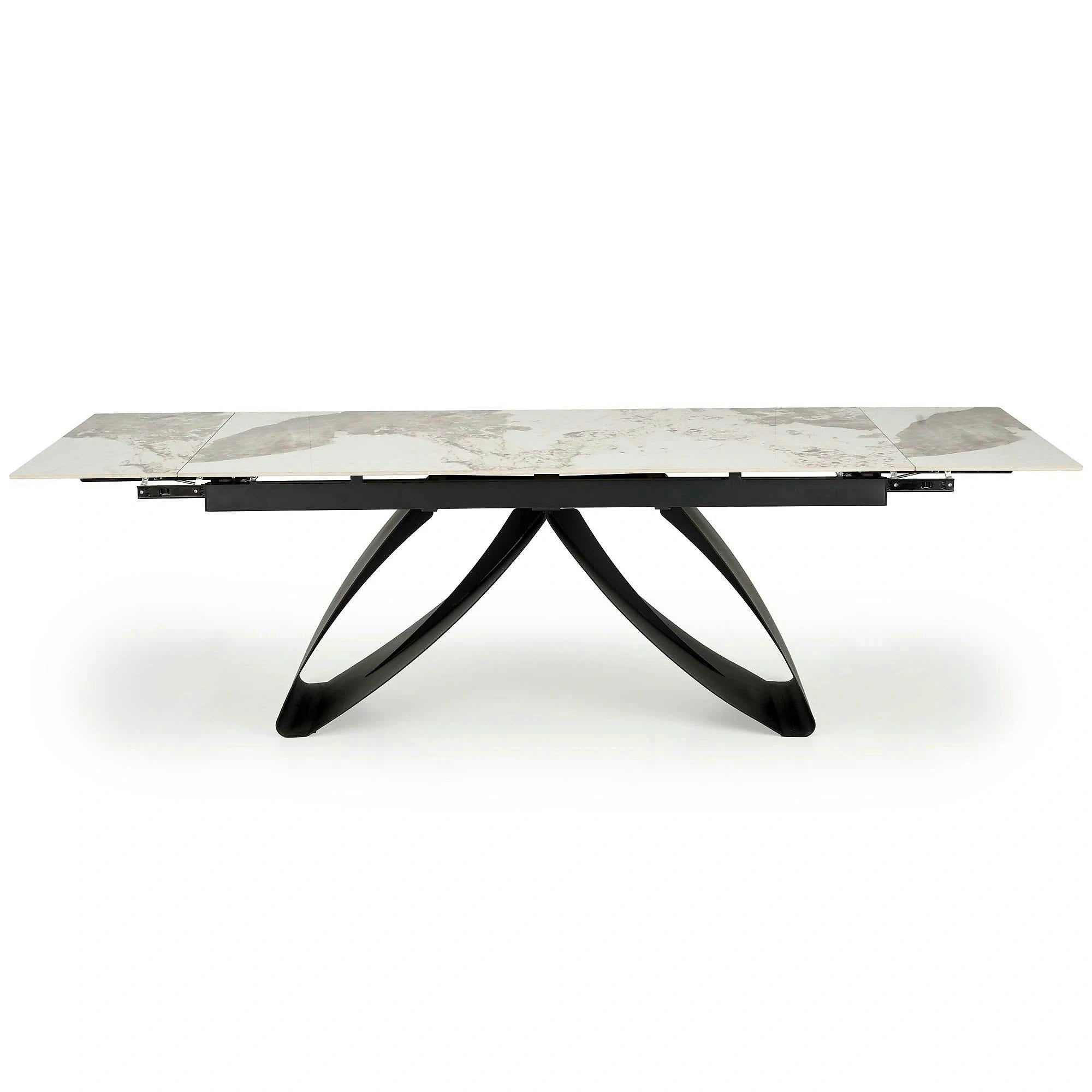 Masa living 10 persoane HILARIO, bej/negru, piatra sinterizata/metal, 180/260x90x75 cm
