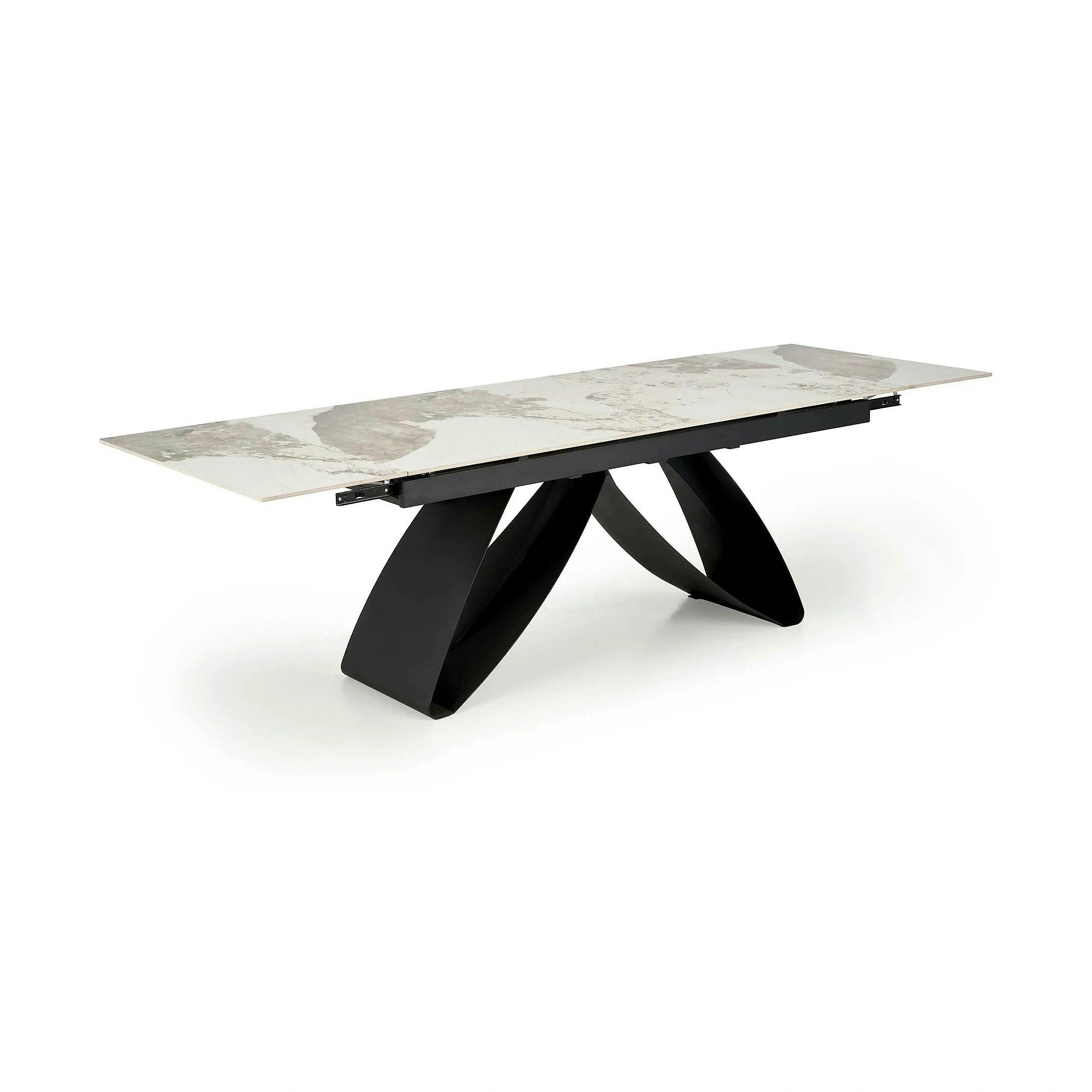 Masa living 10 persoane HILARIO, bej/negru, piatra sinterizata/metal, 180/260x90x75 cm