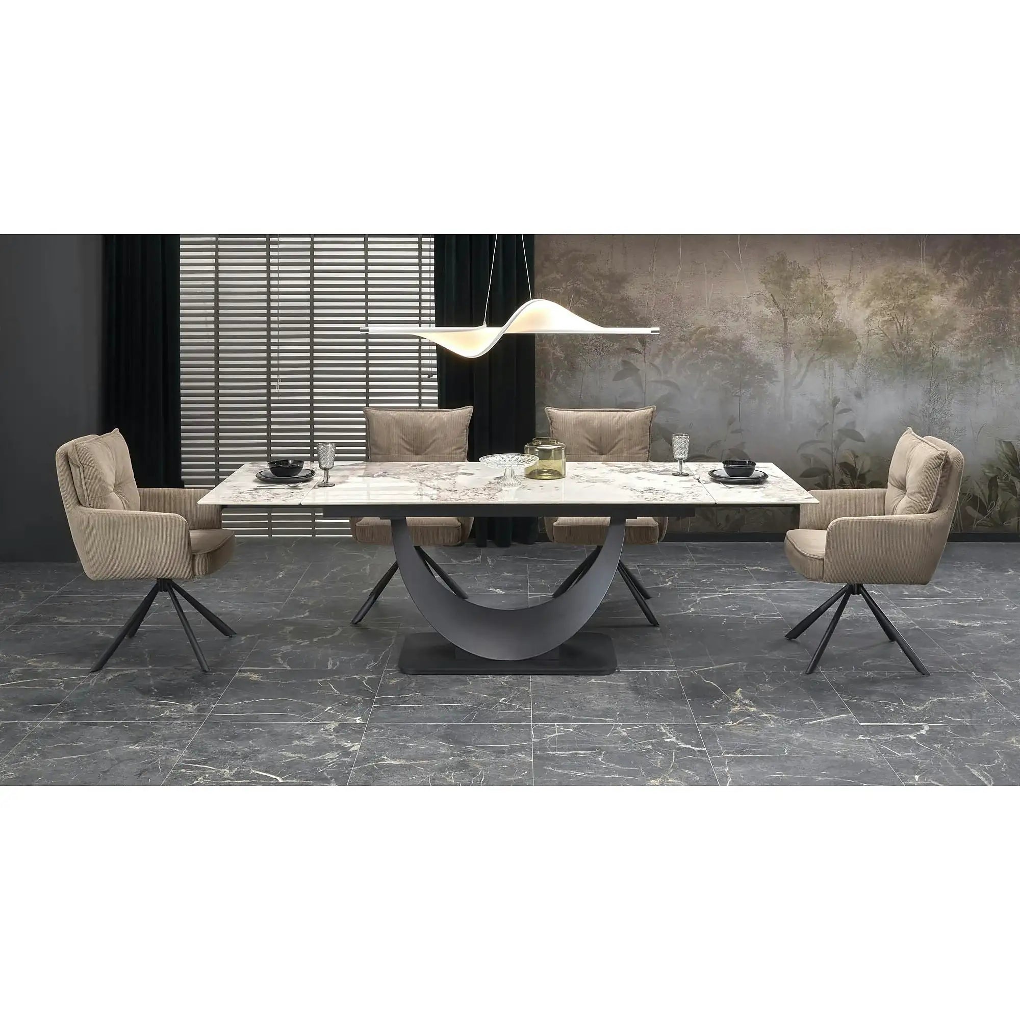 Masa living lux FERNANDO, alb/negru, ceramica/metal, 160/240x92x75 cm