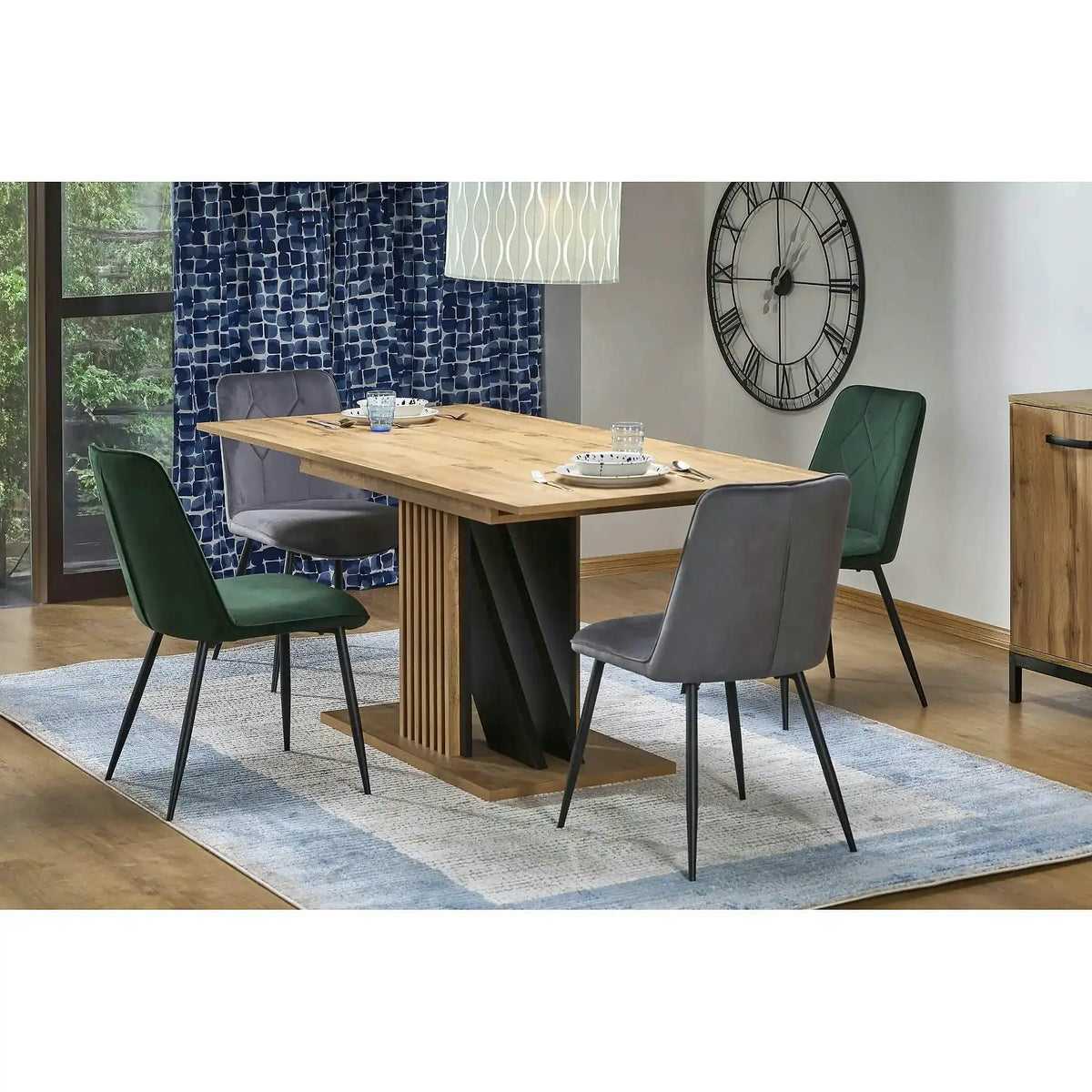 Masa living moderna FABIANO, stejar/negru, PAL laminat, 130/175x85x76 cm