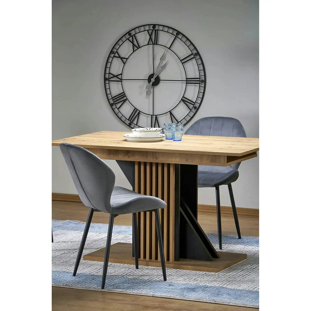 Masa living moderna FABIANO, stejar/negru, PAL laminat, 130/175x85x76 cm