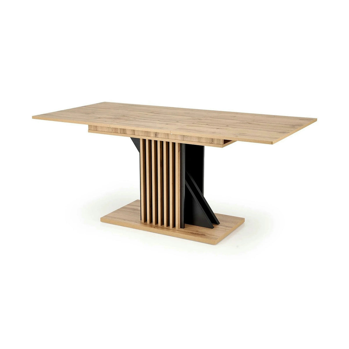 Masa living moderna FABIANO, stejar/negru, PAL laminat, 130/175x85x76 cm