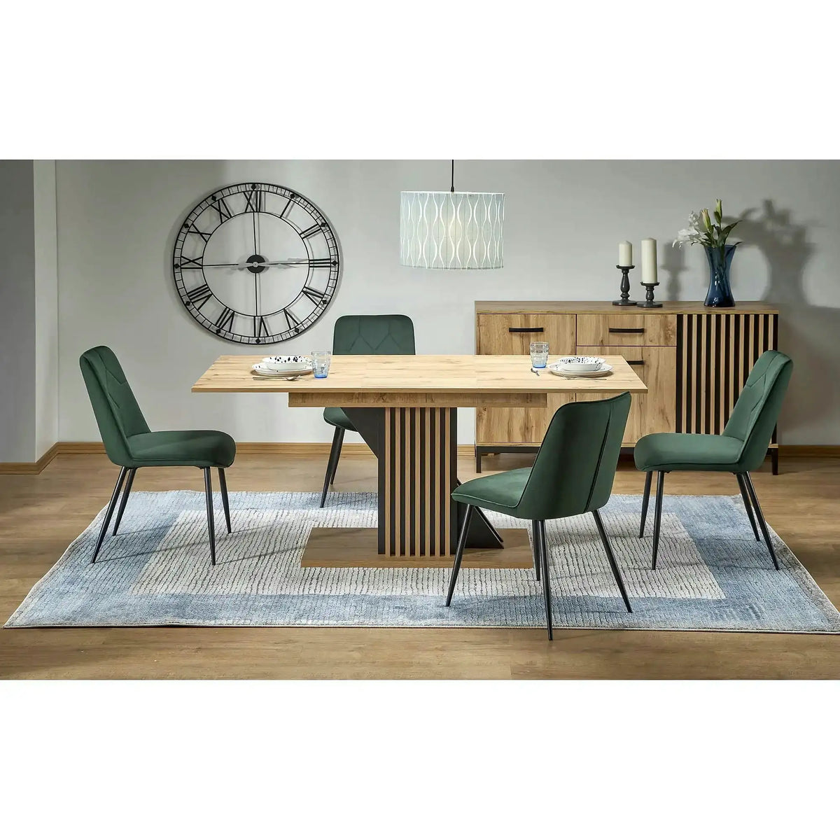 Masa living moderna FABIANO, stejar/negru, PAL laminat, 130/175x85x76 cm