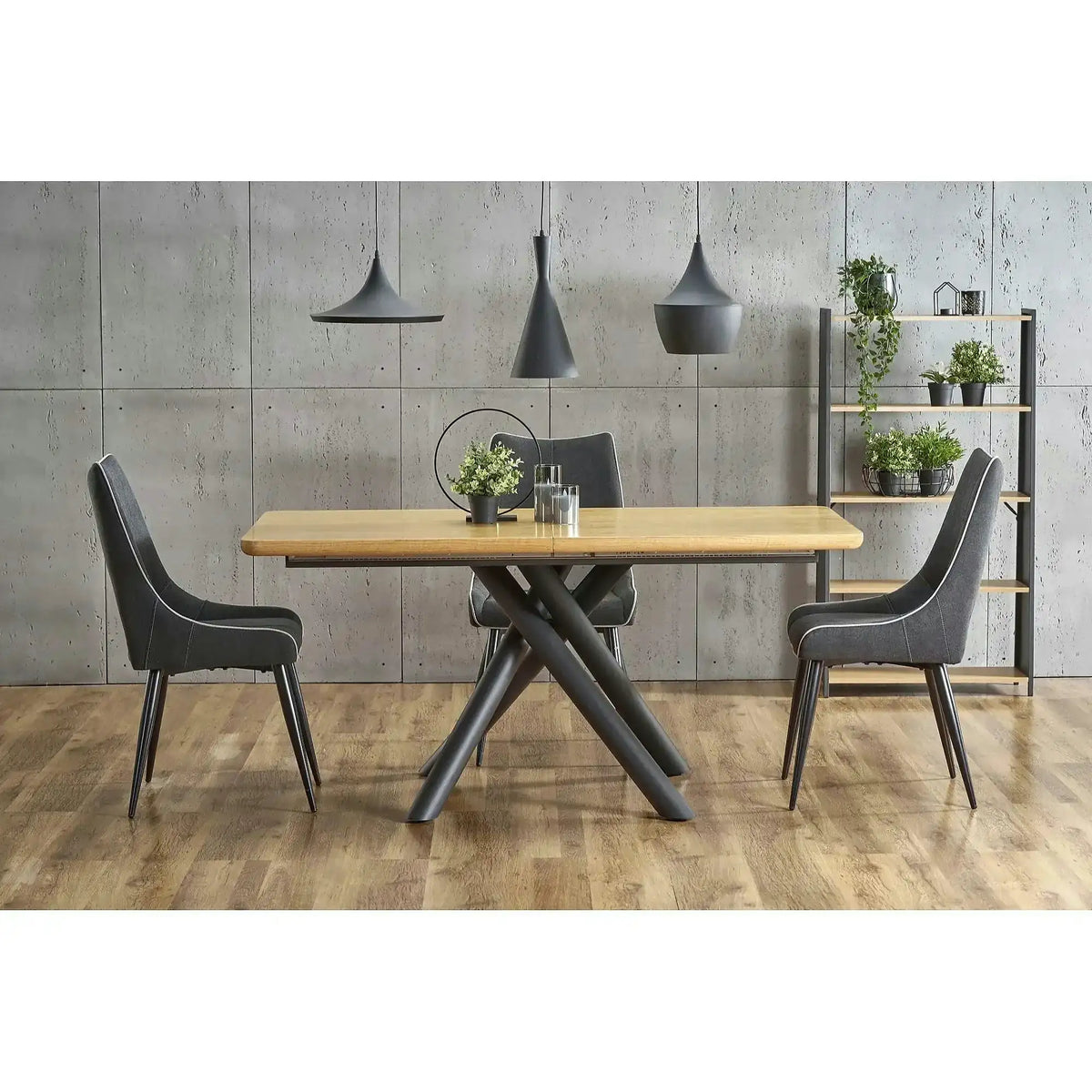 Masa mare living DERRICK, stejar natural/negru, 160/200x90x75 cm