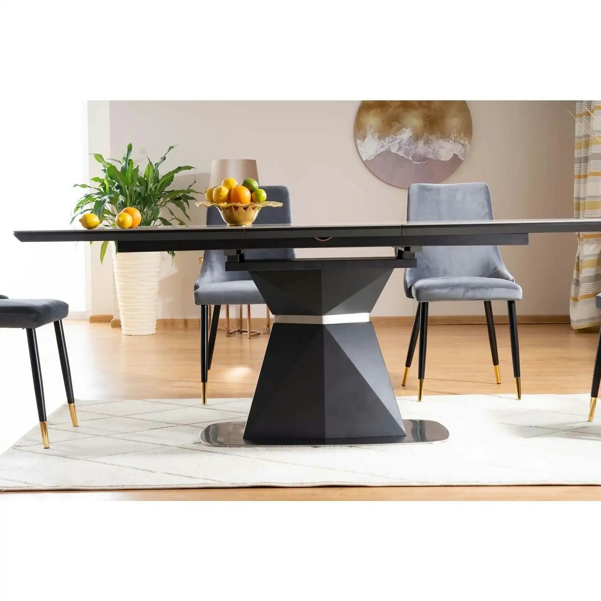Masa moderna dining CORTEZ, gri cu efect de marmura/gri antracit, 160/210x90x76 cm