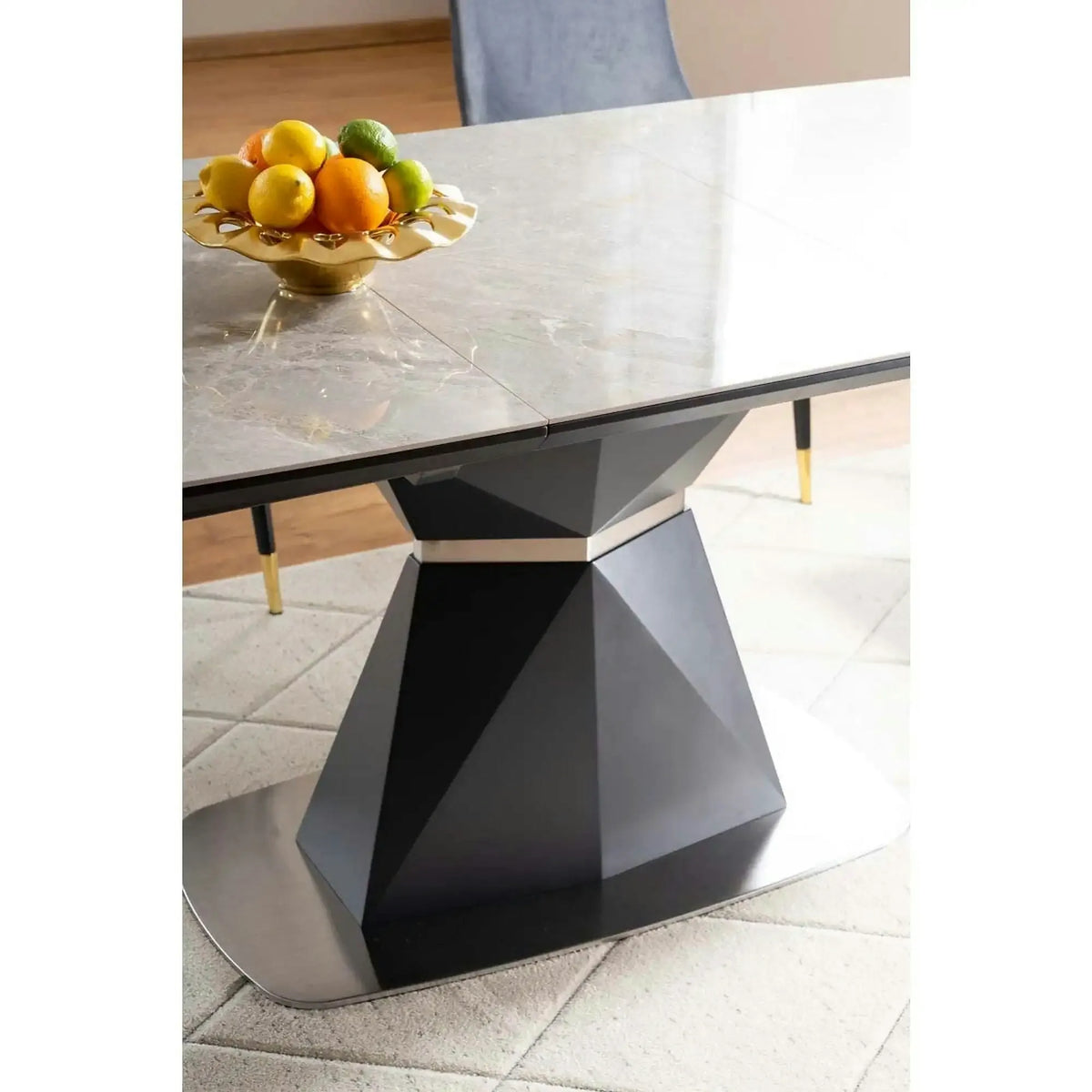 Masa moderna dining CORTEZ, gri cu efect de marmura/gri antracit, 160/210x90x76 cm