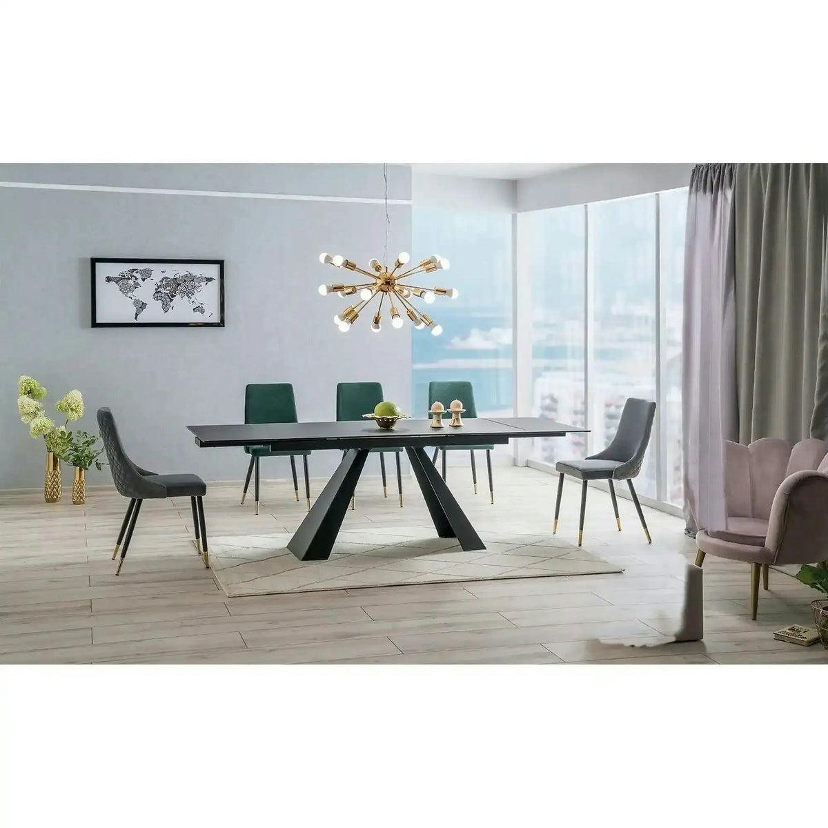 Masa moderna dining SALVADORE, negru mat, metal/sticla securizata, 160/240x90x76 cm