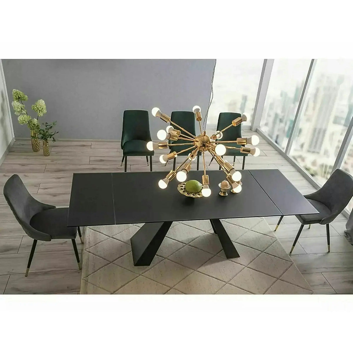 Masa moderna dining SALVADORE, negru mat, metal/sticla securizata, 160/240x90x76 cm