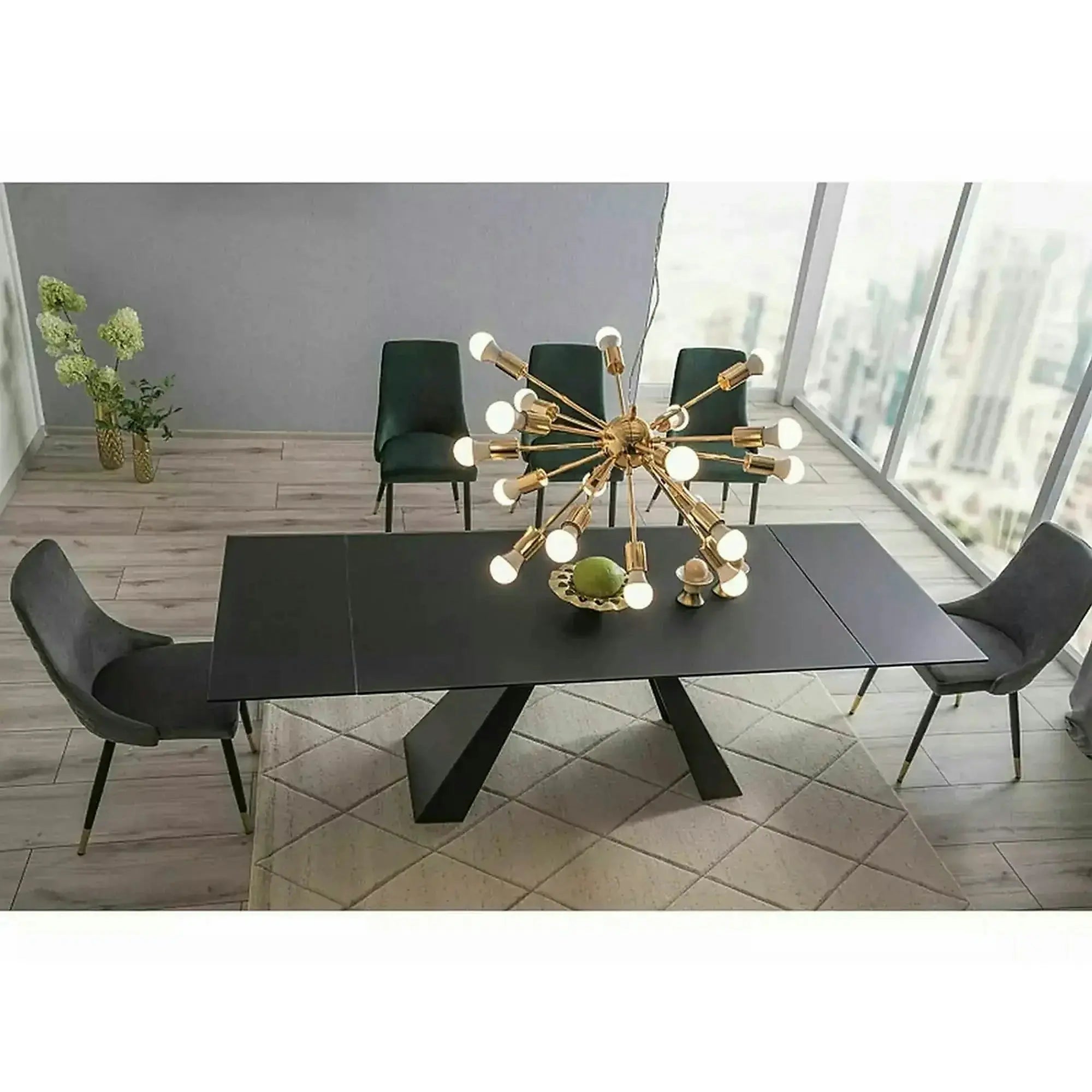 Masa moderna dining SALVADORE, negru mat, metal/sticla securizata, 160/240x90x76 cm