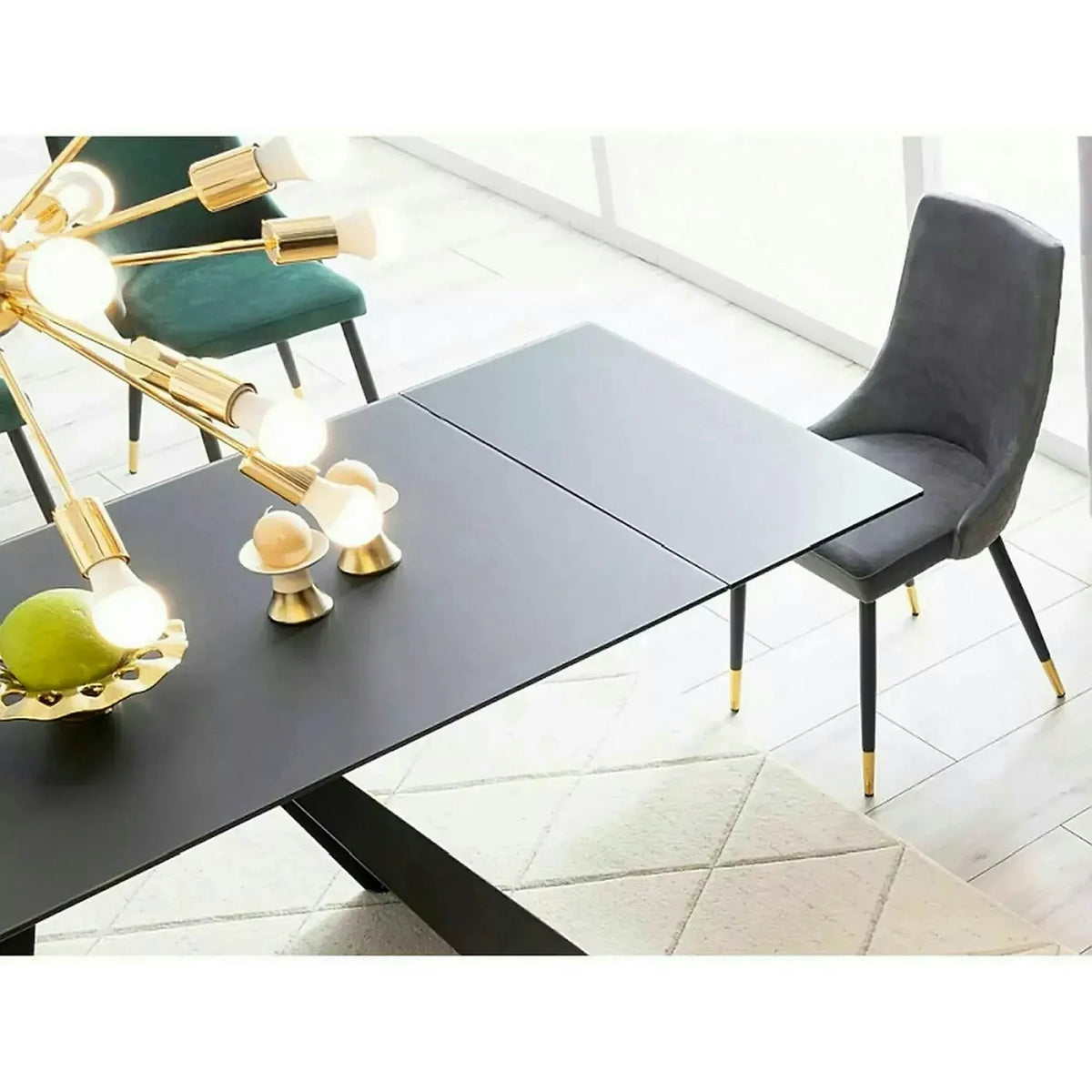 Masa moderna dining SALVADORE, negru mat, metal/sticla securizata, 160/240x90x76 cm