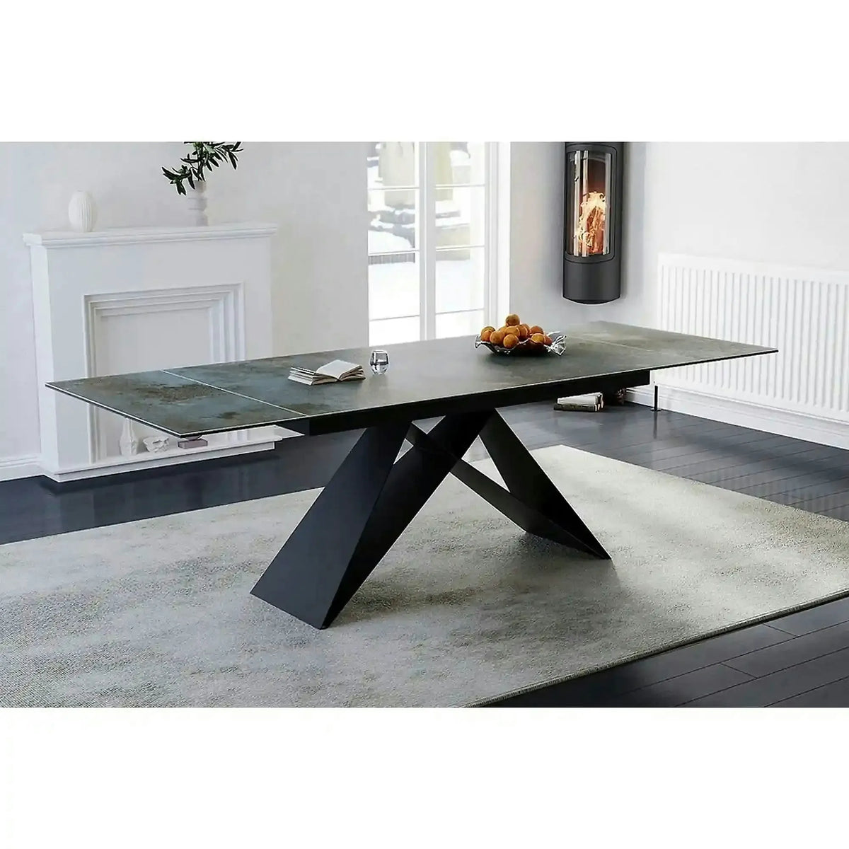 Masa moderna dining WESTIN CERAMIC, sticla securizata/ceramica, turcoaz/negru mat, 160-240x90x77 cm