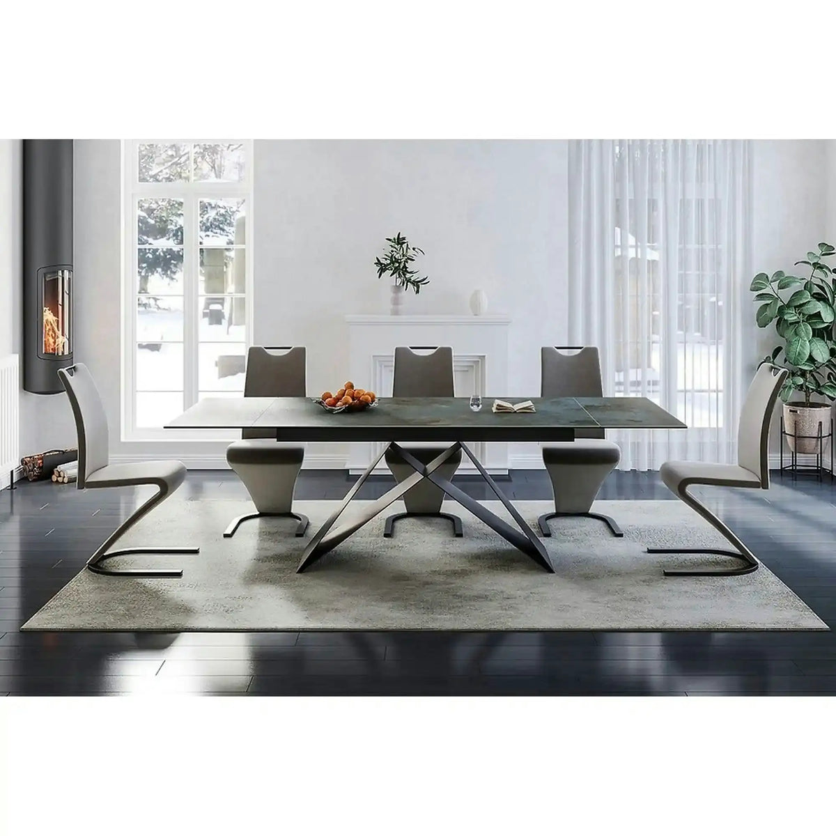 Masa moderna dining WESTIN CERAMIC, sticla securizata/ceramica, turcoaz/negru mat, 160-240x90x77 cm